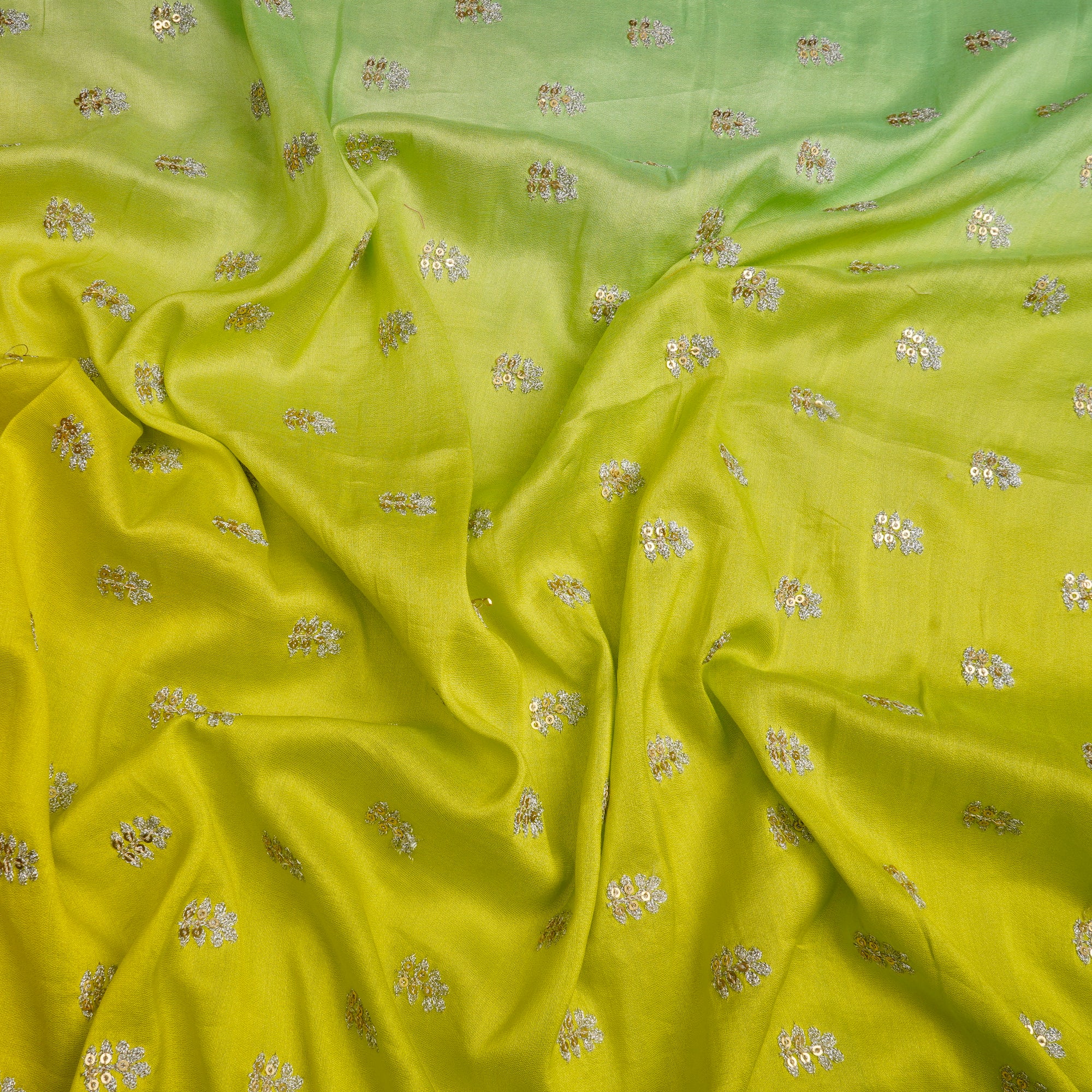 (Pre-Cut 3.30 Mtr)Parrot Green Booti Pattern Embroidered Chanderi Fabric