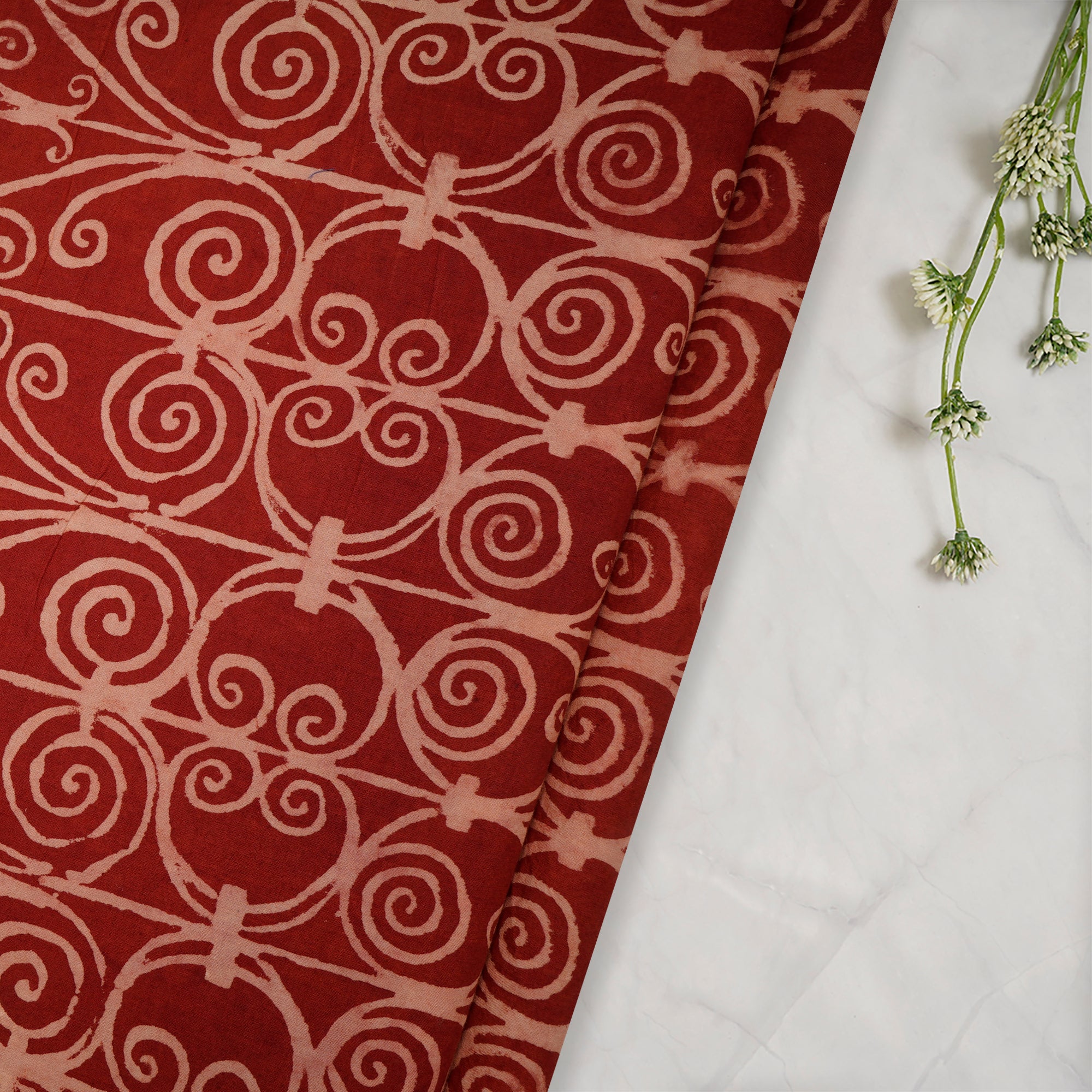 (Pre-Cut 1.05 Mtr)Red All Over Pattern Handcrafted Cotton Fabric