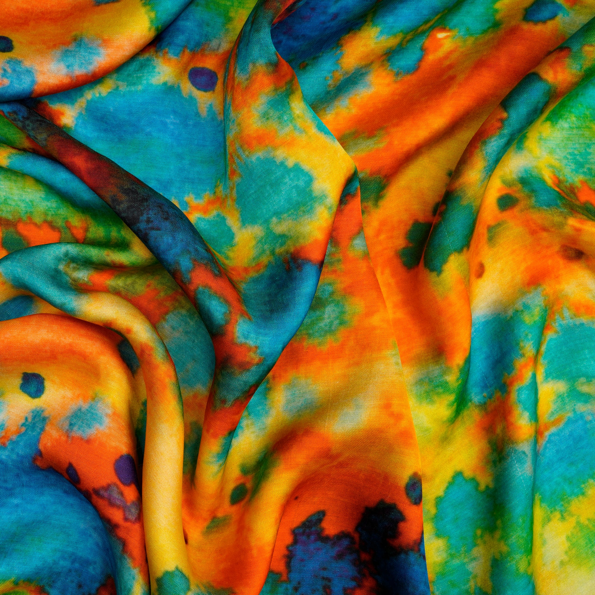 (Pre-Cut 2.15 Mtr)Multi Color Tie-Dye Pattern Digital Print Modal Satin Fabric