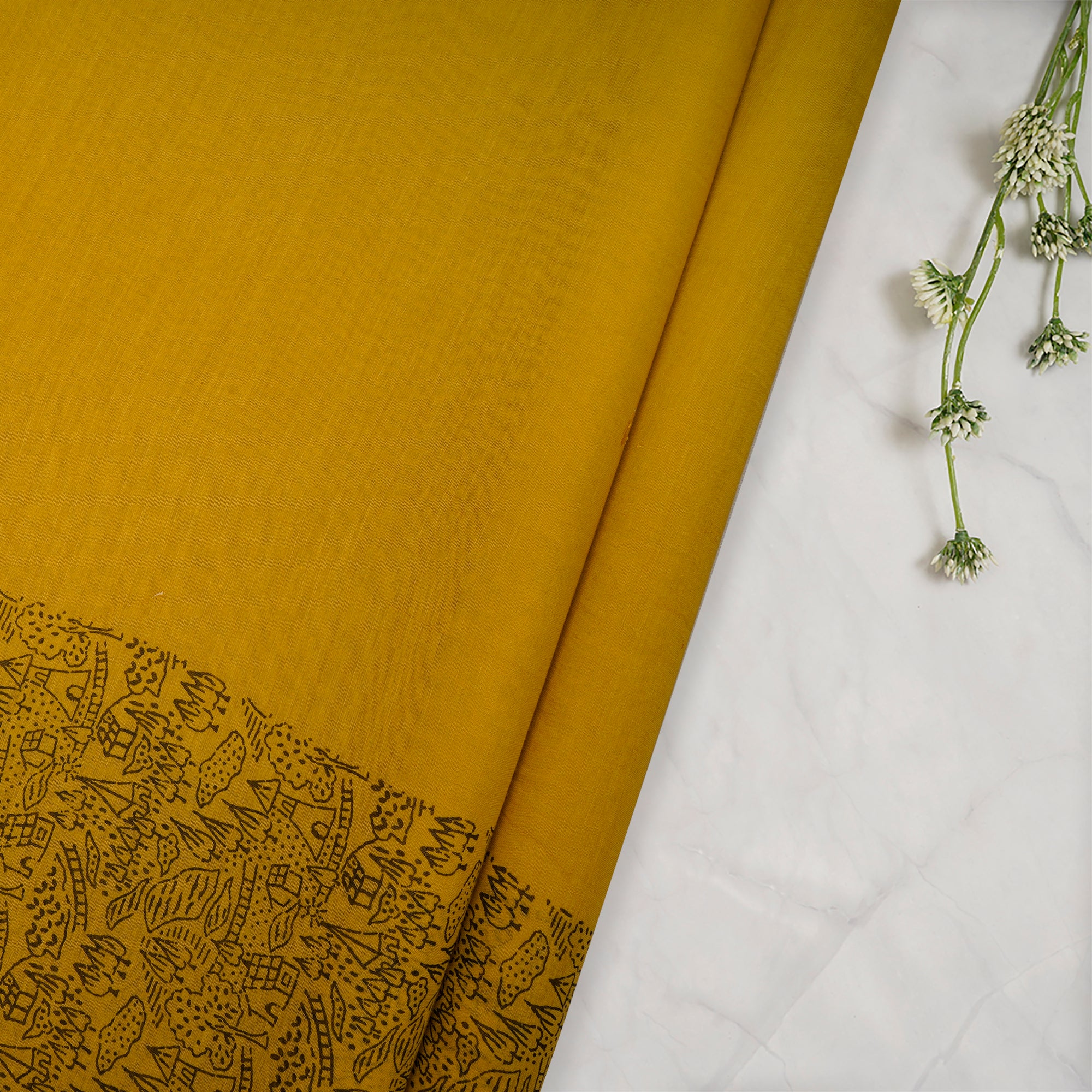 (Pre-Cut 1.50 Mtr)Mustard Color Printed Fine Chanderi Fabric