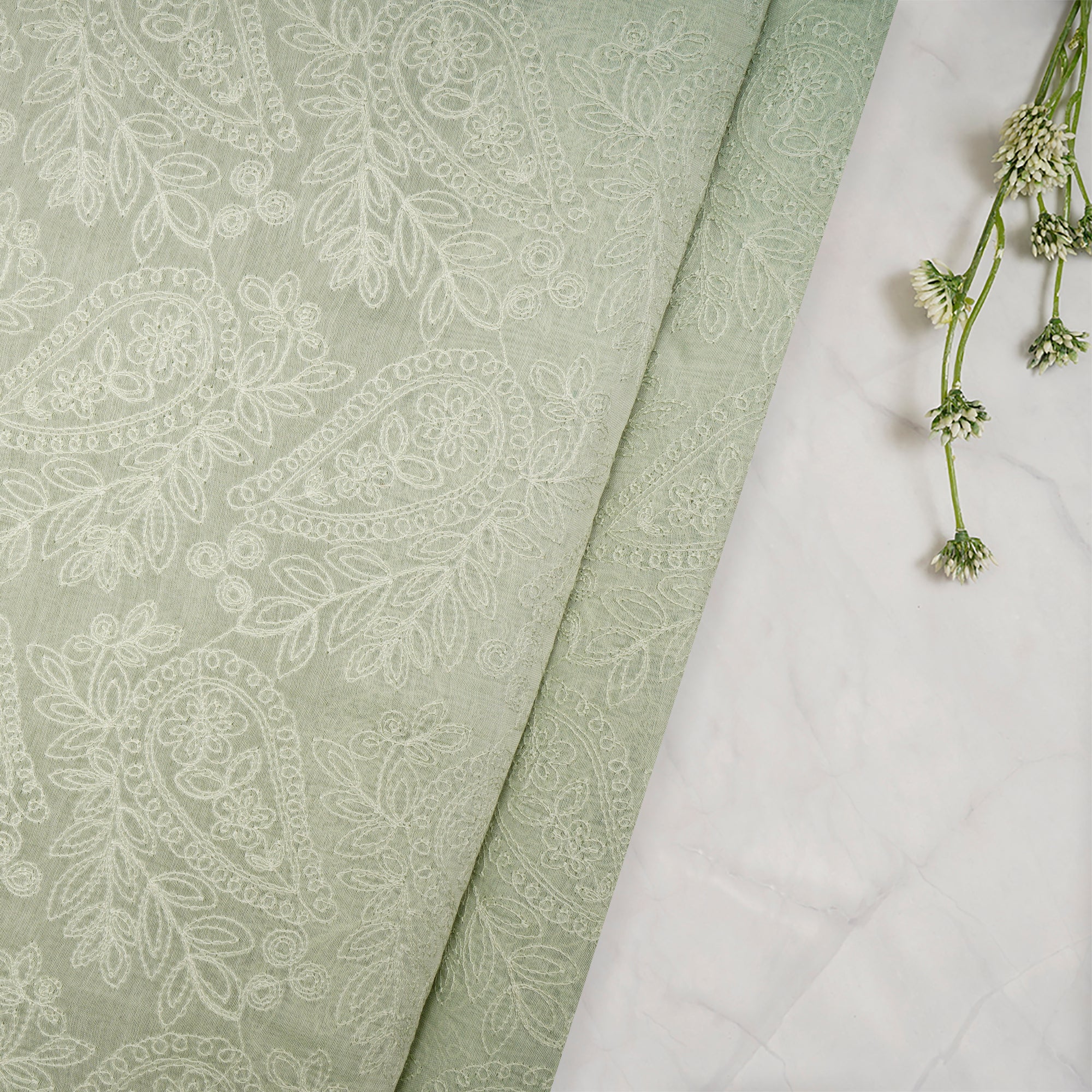 (Pre-Cut 0.70 Mtr)Pastel Green Schiffili Embroidered Fine Chanderi Fabric