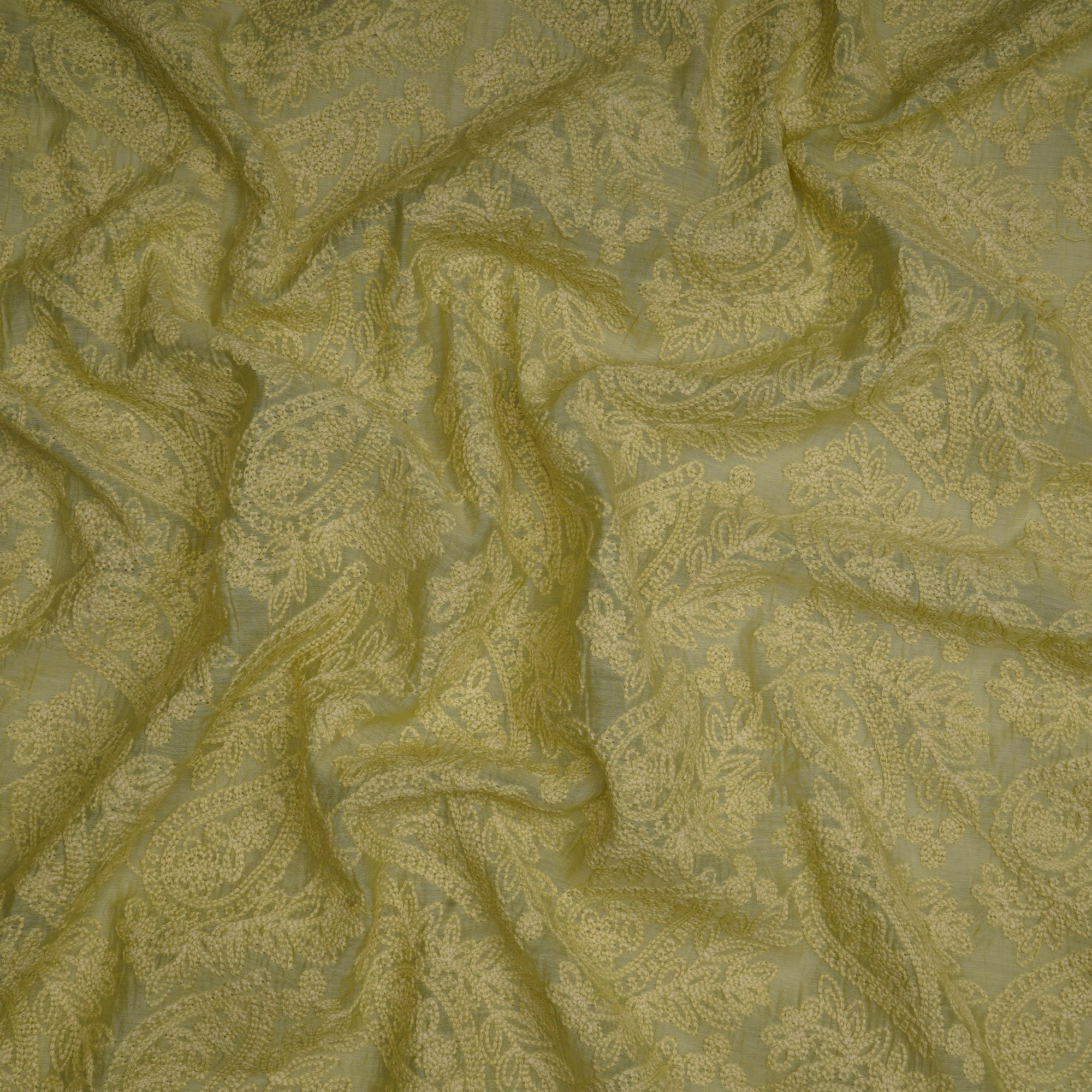 (Pre-Cut 0.85 Mtr)Light Green Paisely Pattern Embroidered Fine Chanderi Fabric