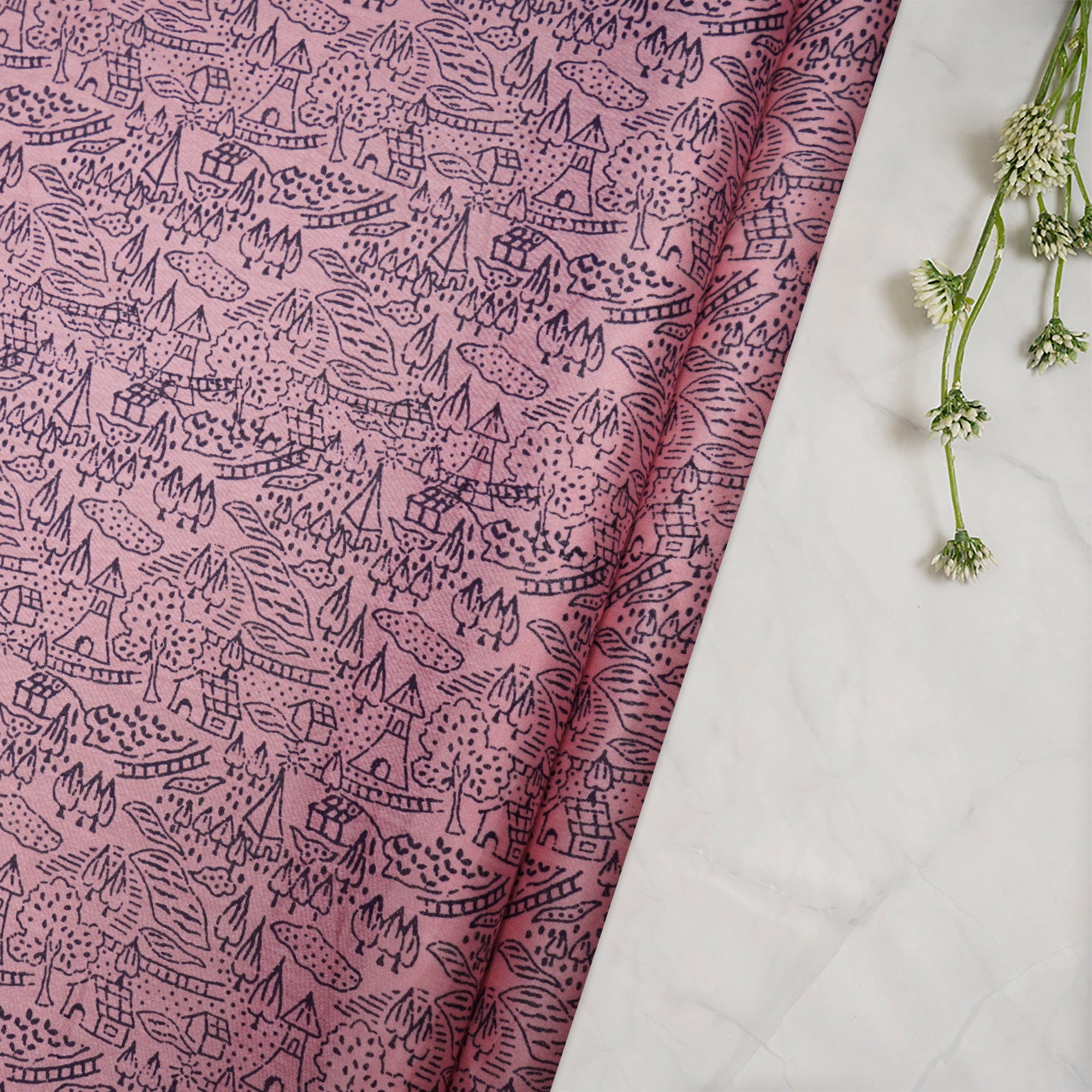 (Pre-Cut 0.70 Mtr)Light Pink-Black All Over Pattern Digital Print Fine Chanderi Fabric