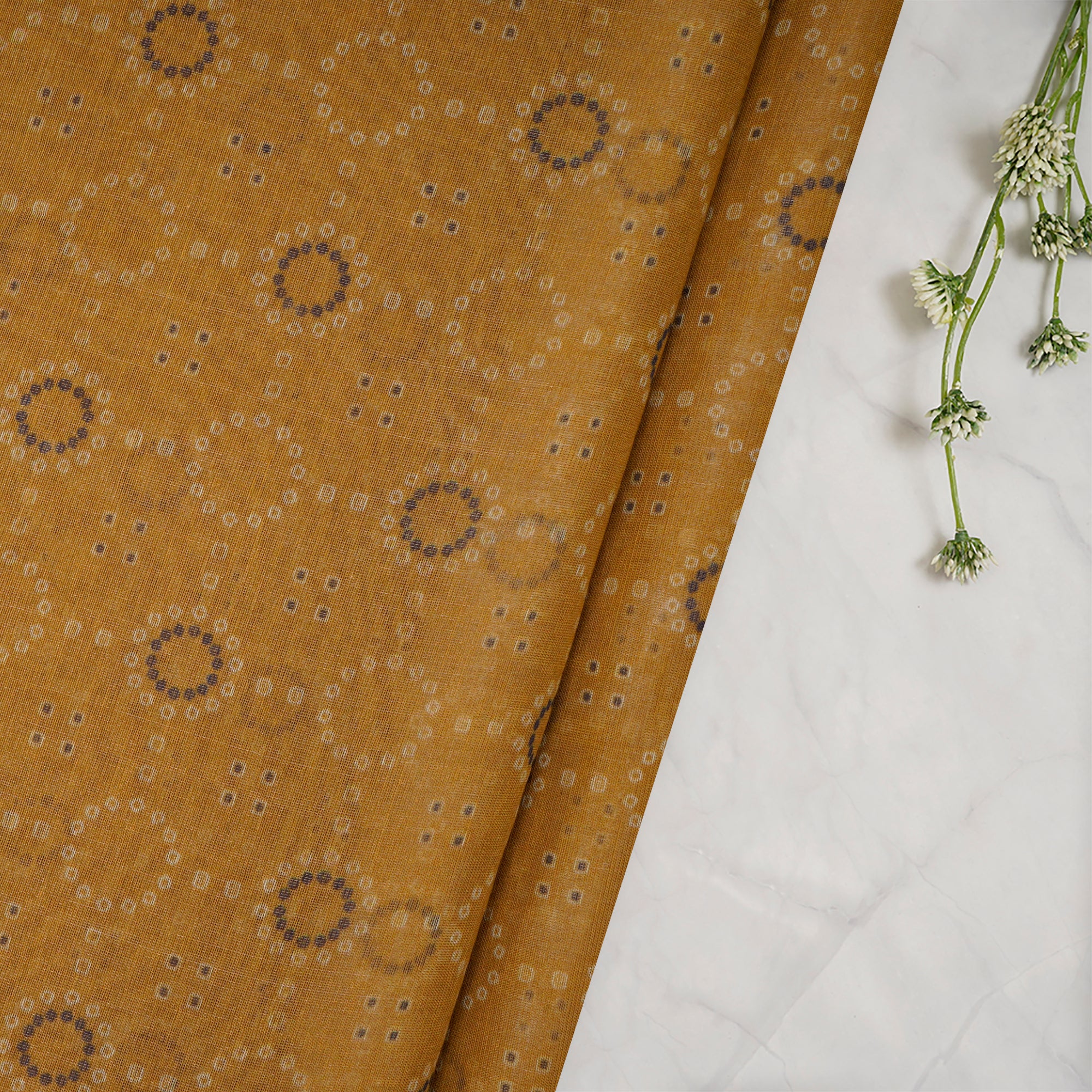 (Pre-Cut 1.40 Mtr)Mustard All Over Pattern Digital Printed Tissue Chanderi Fabric