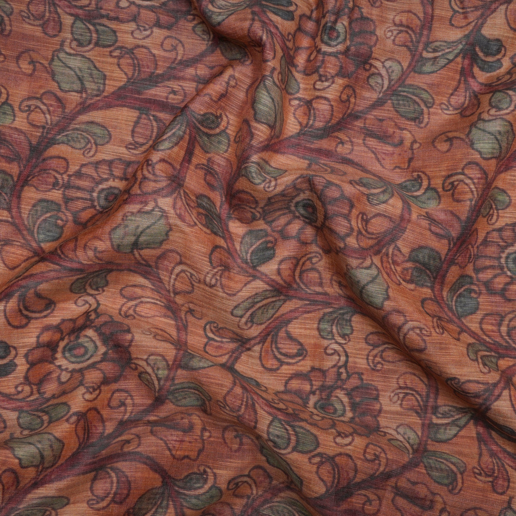 (Pre-Cut 4.25 Mtr)Brown Floral Pattern Digital Printed Silk Fabric