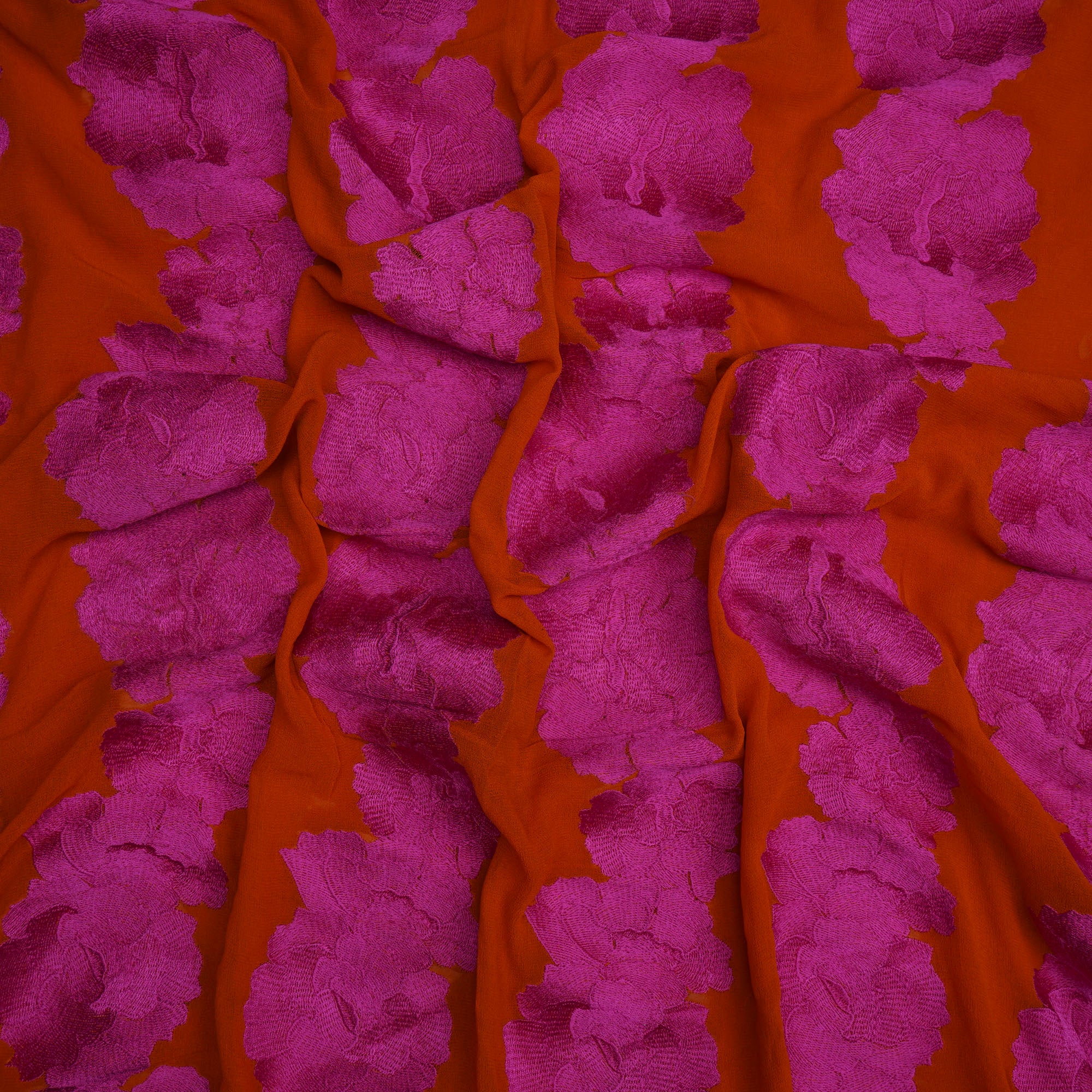 (Pre-Cut 2.80 Mtr)Pink-Orange Color Embroidered Georgette Silk Fabric