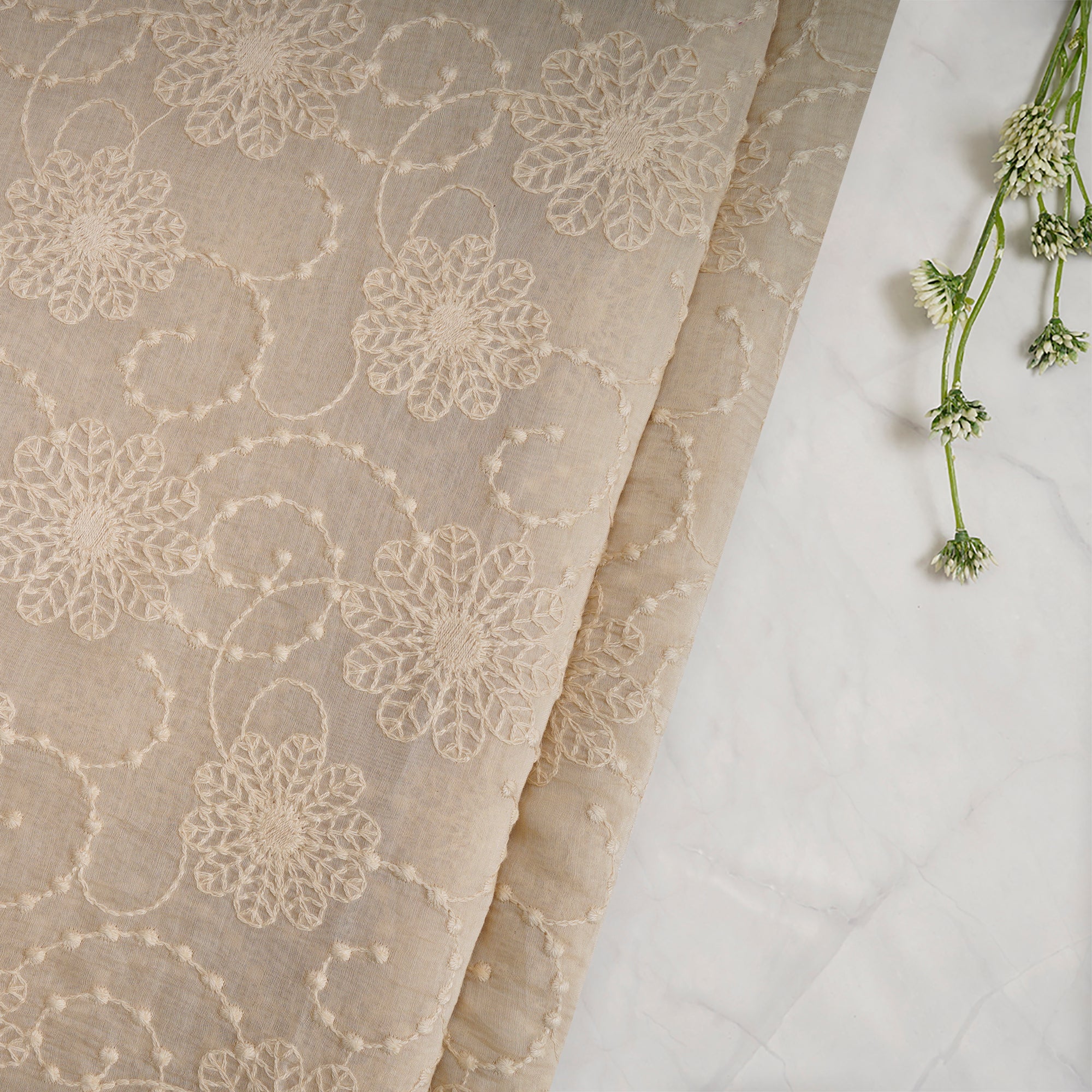 (Pre-Cut 2.50 Mtr)Beige Floral Pattern Thread Embroidered Fine Chanderi Fabric