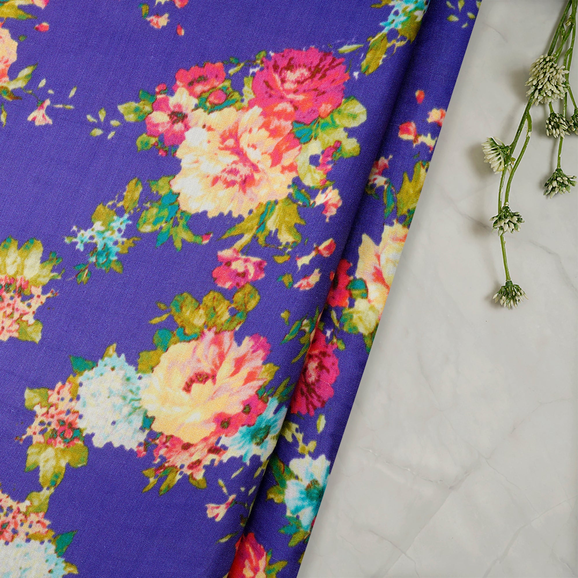 (Pre-Cut 4.70 Mtr)Violet Color Floral Pattern Digital Printed Modal Satin Fabric
