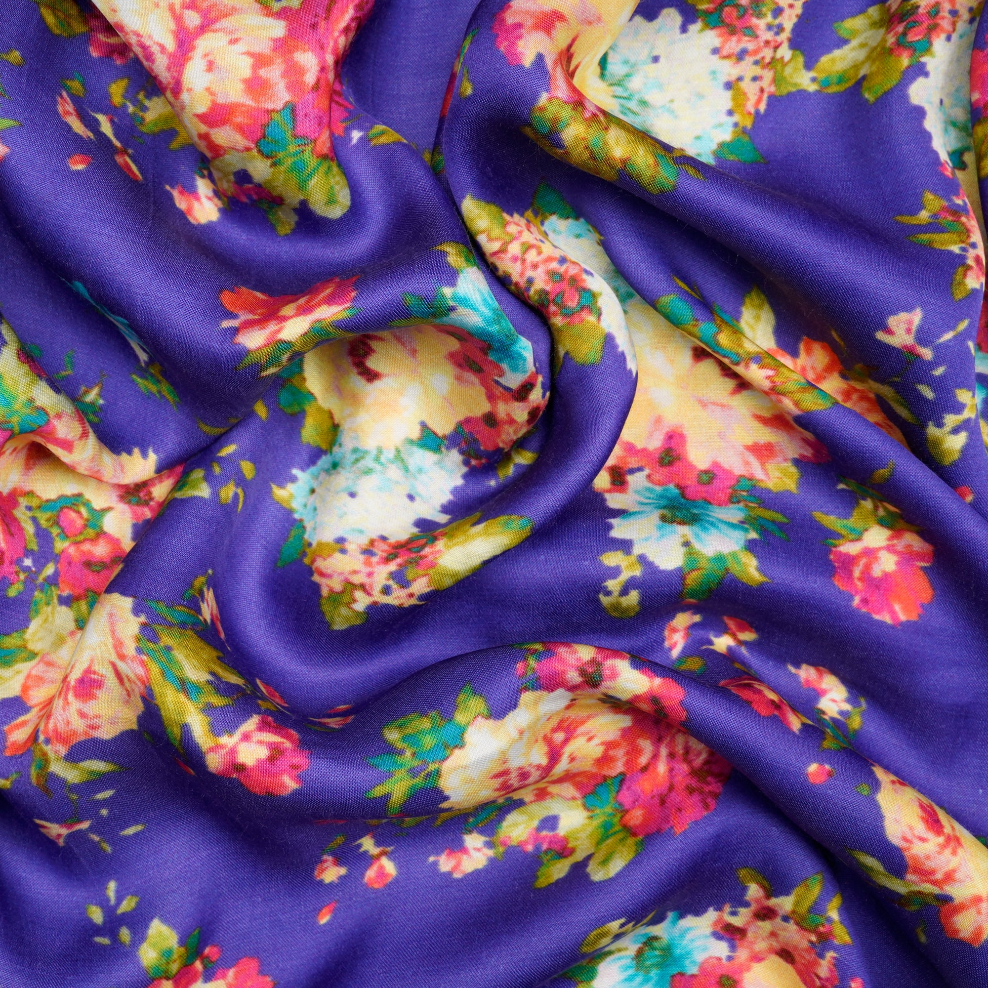 (Pre-Cut 4.70 Mtr)Violet Color Floral Pattern Digital Printed Modal Satin Fabric