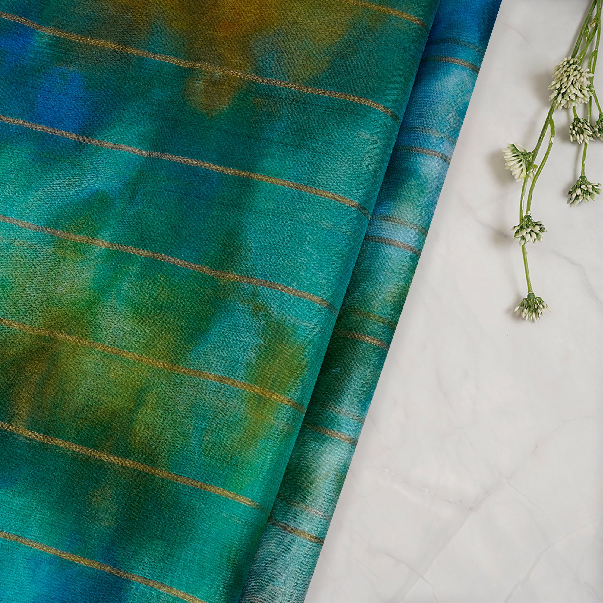 (Pre-Cut 3.20Mtr)Blue-Green Handcrafted Tie and Dye Pattern Screen Print Crepe Fabricprecuts&&2056