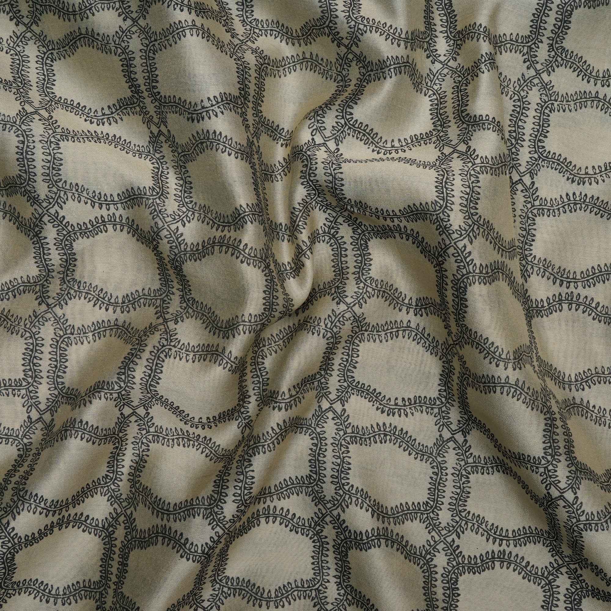 (Pre-Cut 2.30 Mtr)Beige-Black Color Printed Chanderi Fabric