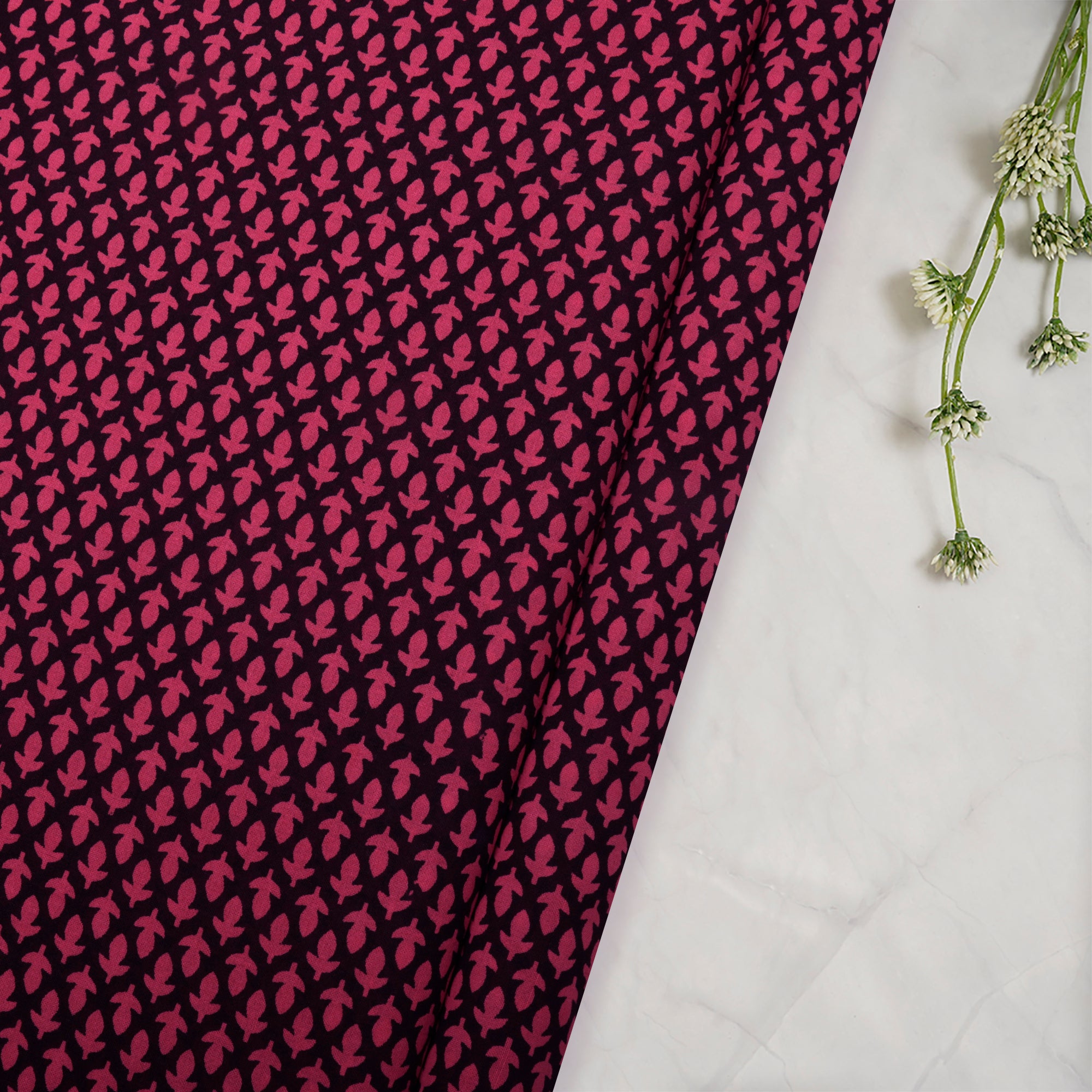 (Pre-Cut 1.70 Mtr)Pink-Black Color Printed High Twisted Voile Cotton Fabric