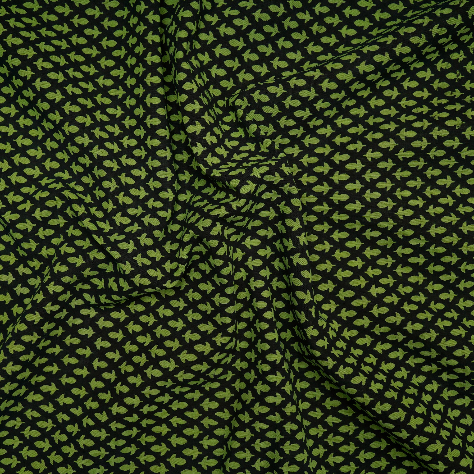 (Pre-Cut 1.70 Mtr)Lawn Green-Black Color Printed High Twisted Voile Cotton Fabric