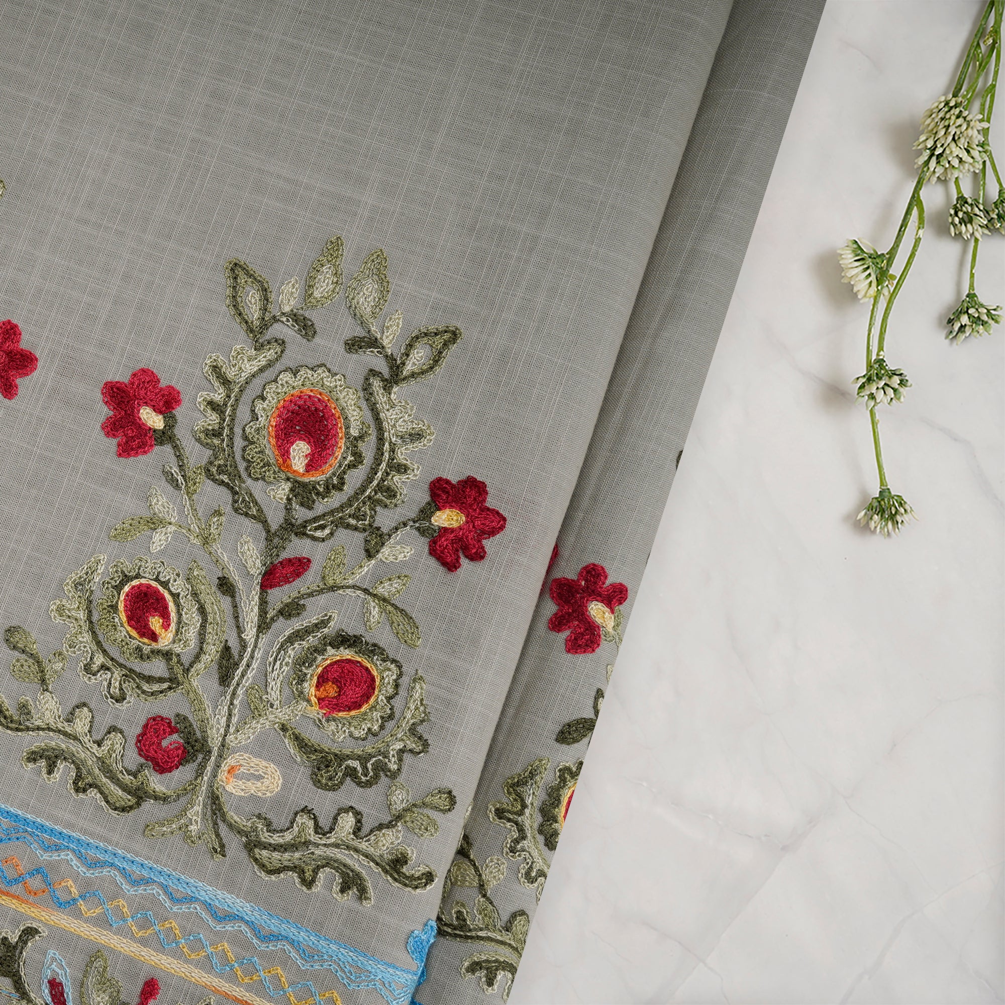 (Pre-Cut 3.00 Mtr) Grey Floral Border Pattern Thread Embroidered Cotton Fabric