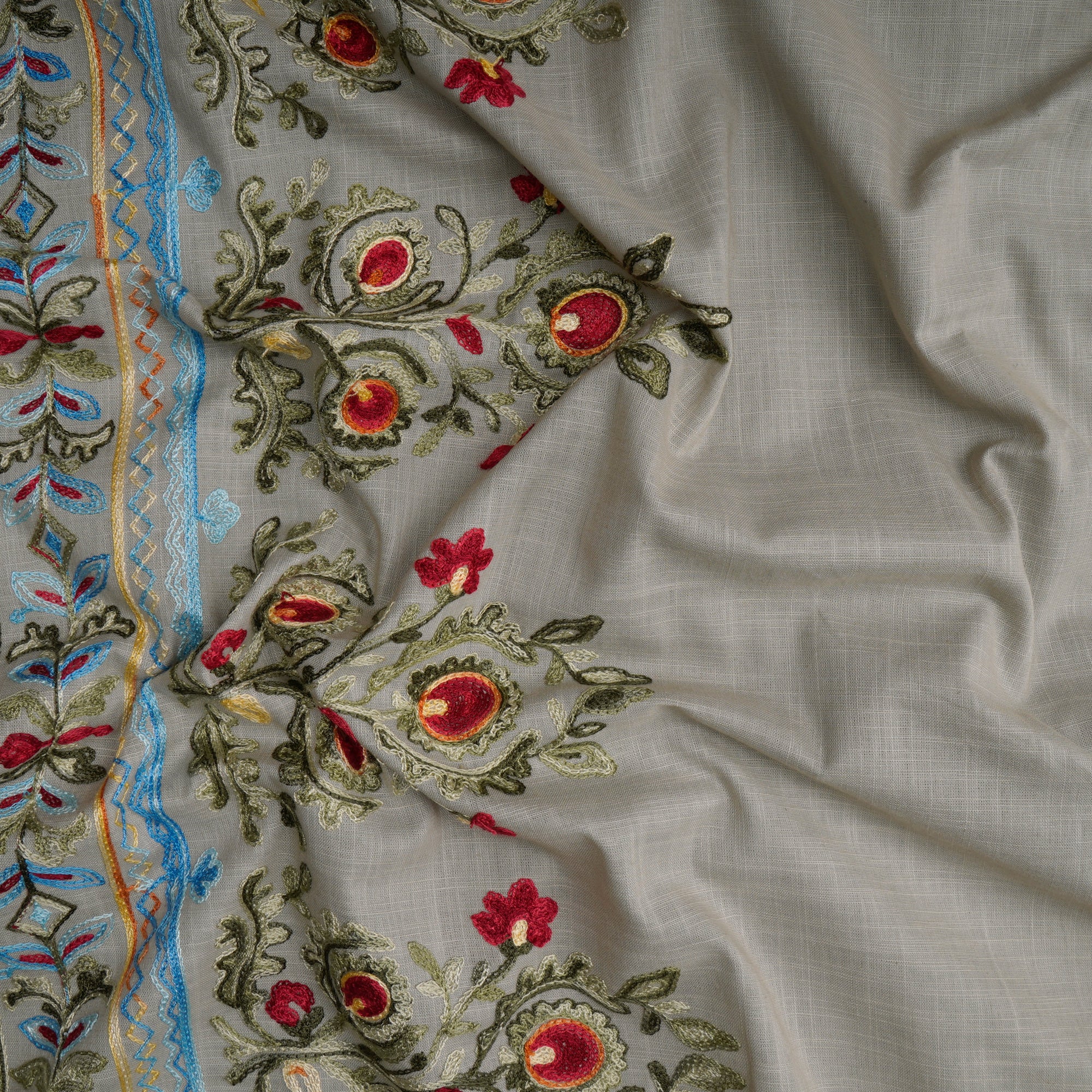 (Pre-Cut 3.00 Mtr) Grey Floral Border Pattern Thread Embroidered Cotton Fabric