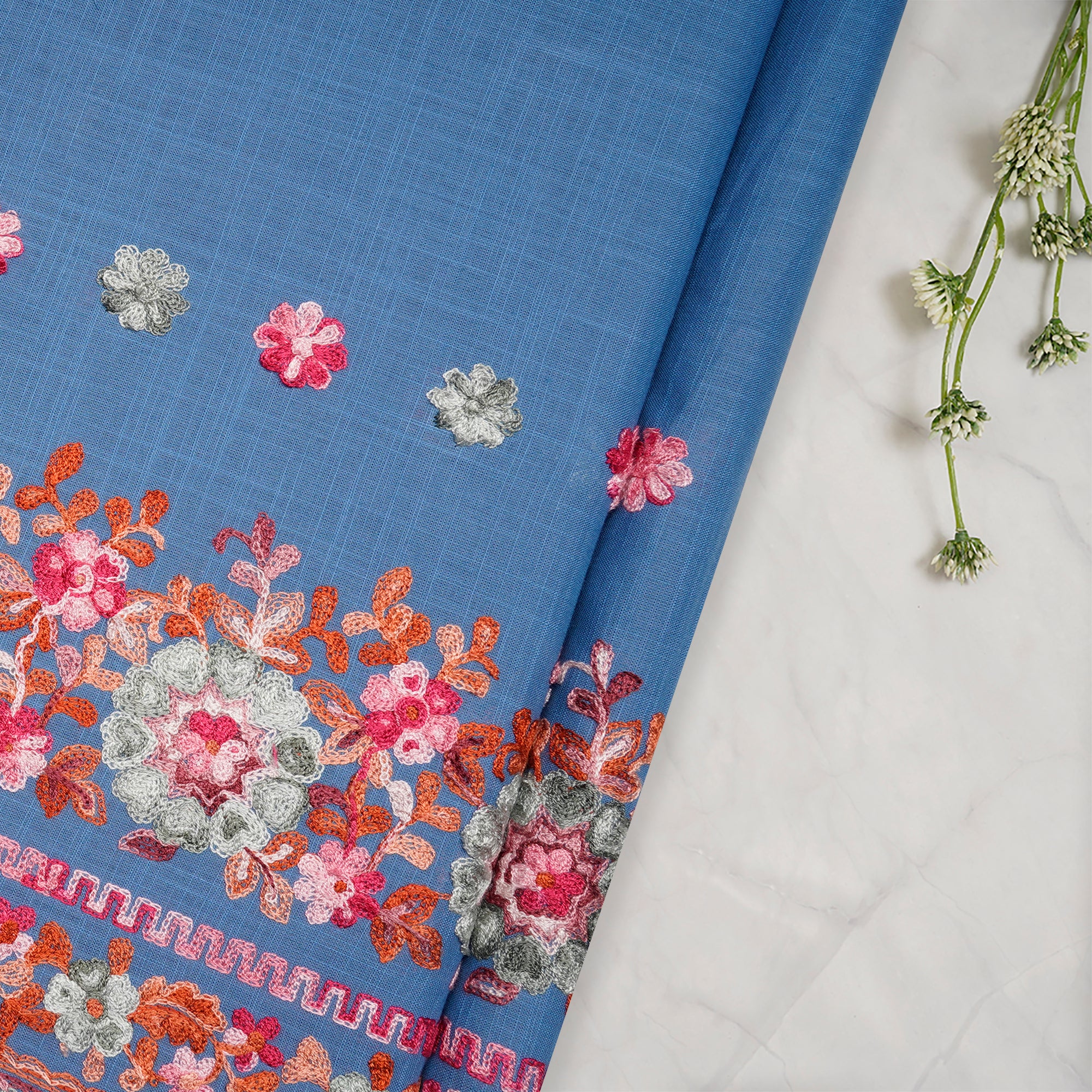 (Pre-Cut 3.70 Mtr)Multi Color Embroidered Cotton Slub Fabric