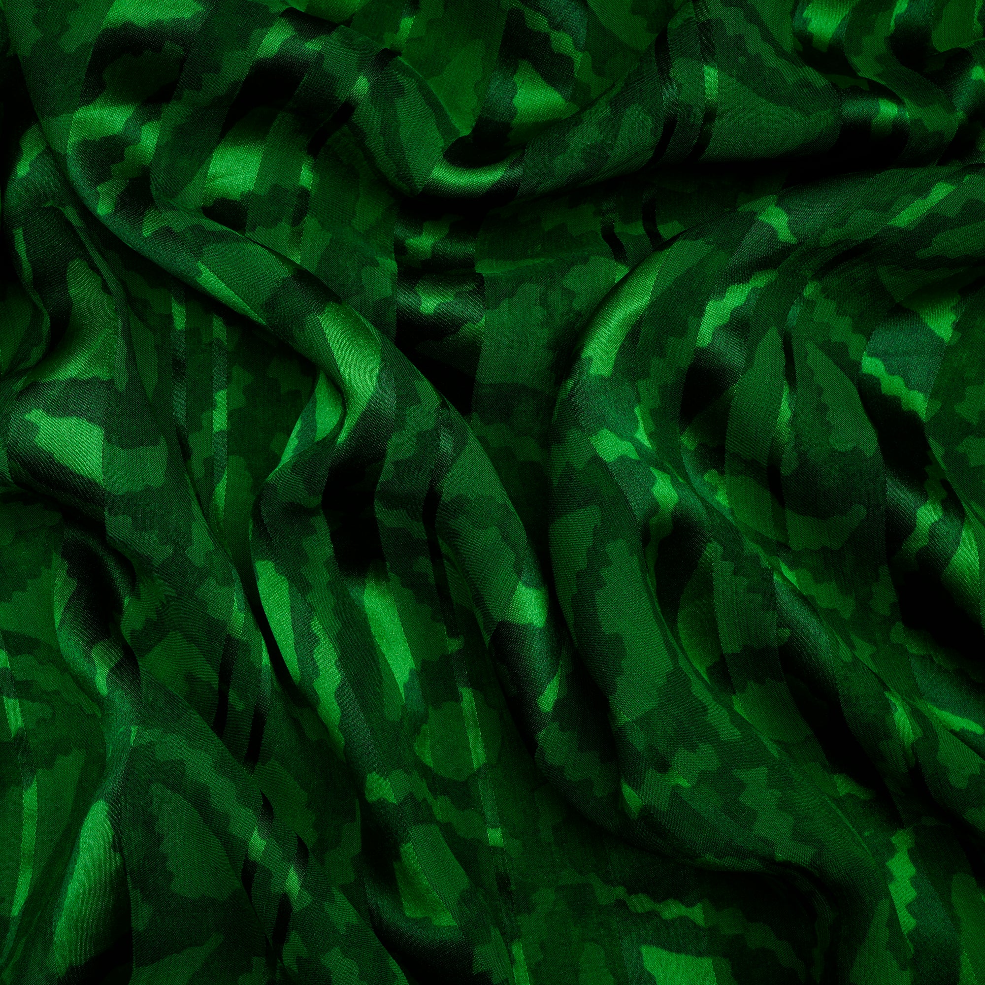 (Pre-Cut 3.40 Mtr)Green Blue Printed Georgette Satin Silk Fabric