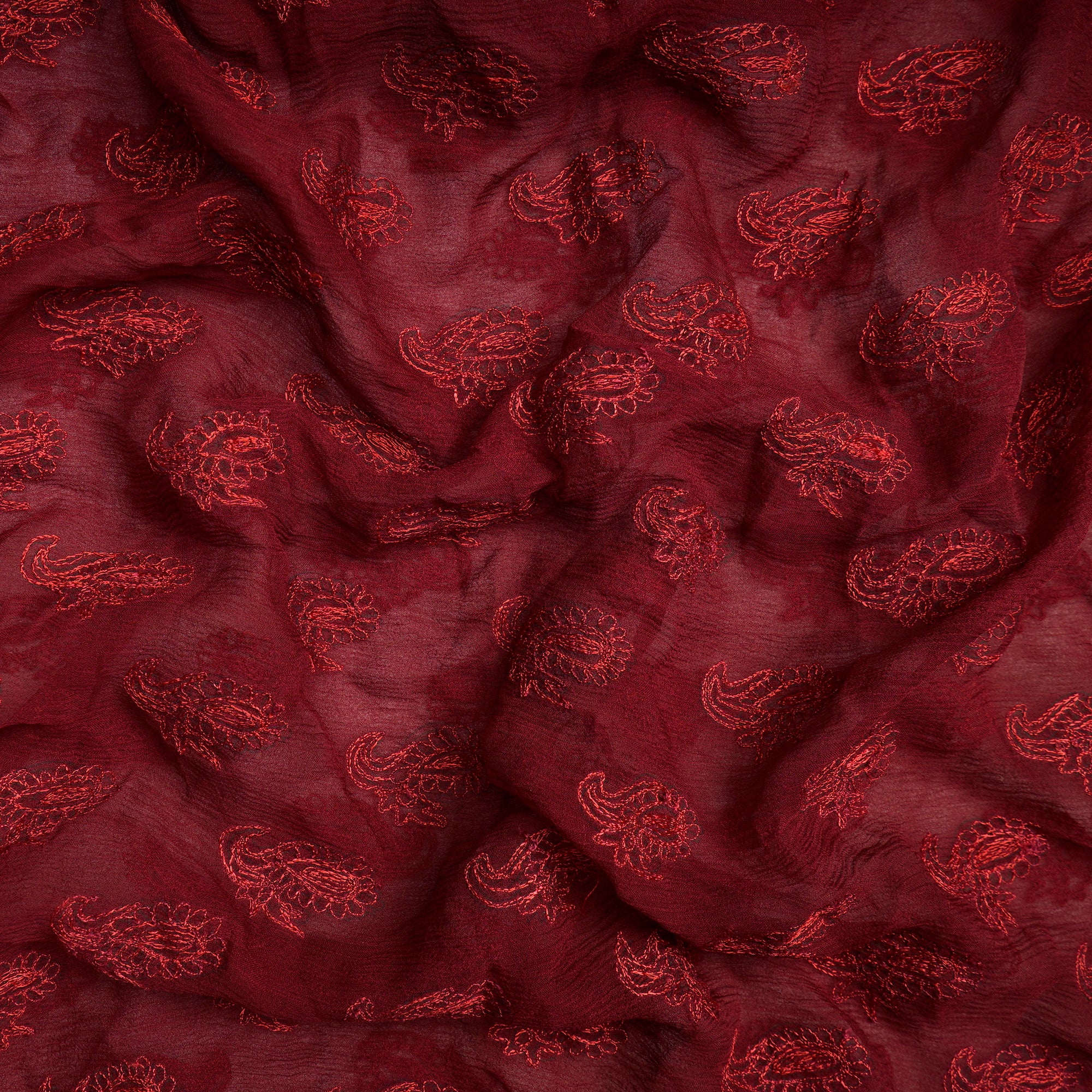 (Pre-Cut 1.95 Mtr)Merlot Motif Pattern Thread Embroidered Silk Fabric