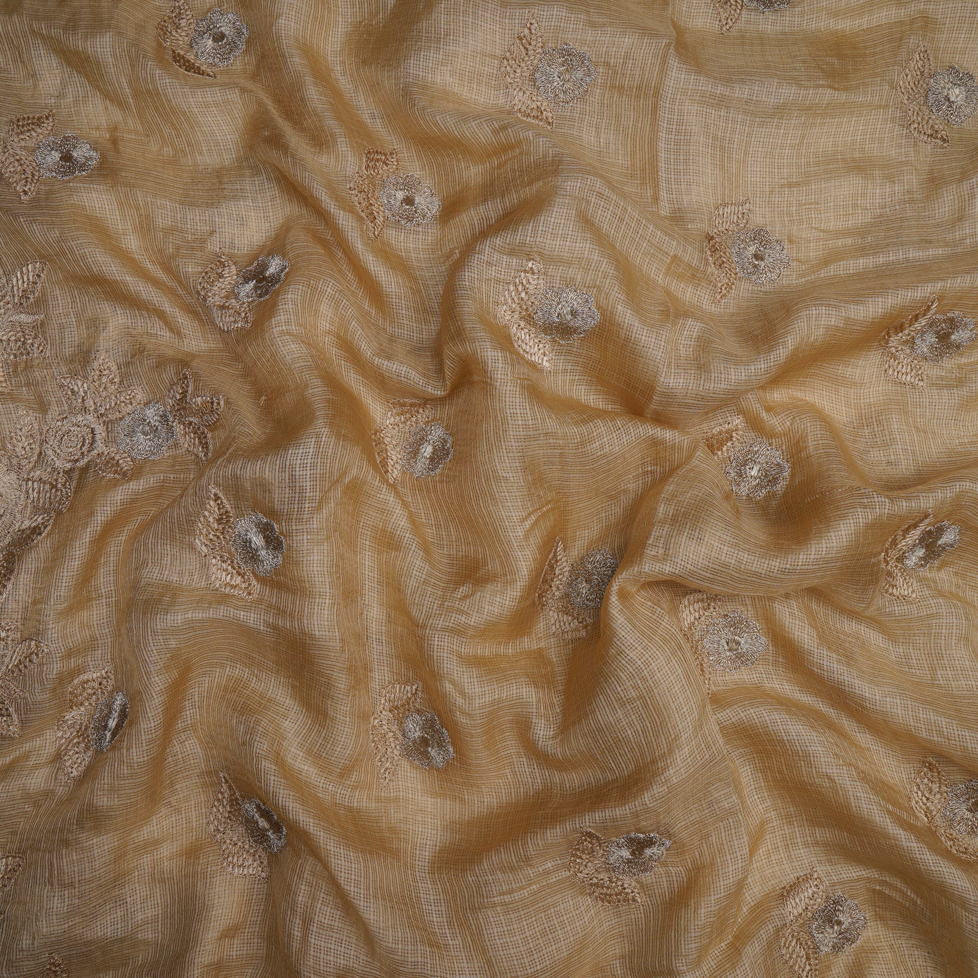 (Pre-Cut 2.30 Mtr)Beige Color Embroidered Kota Silk Fabric