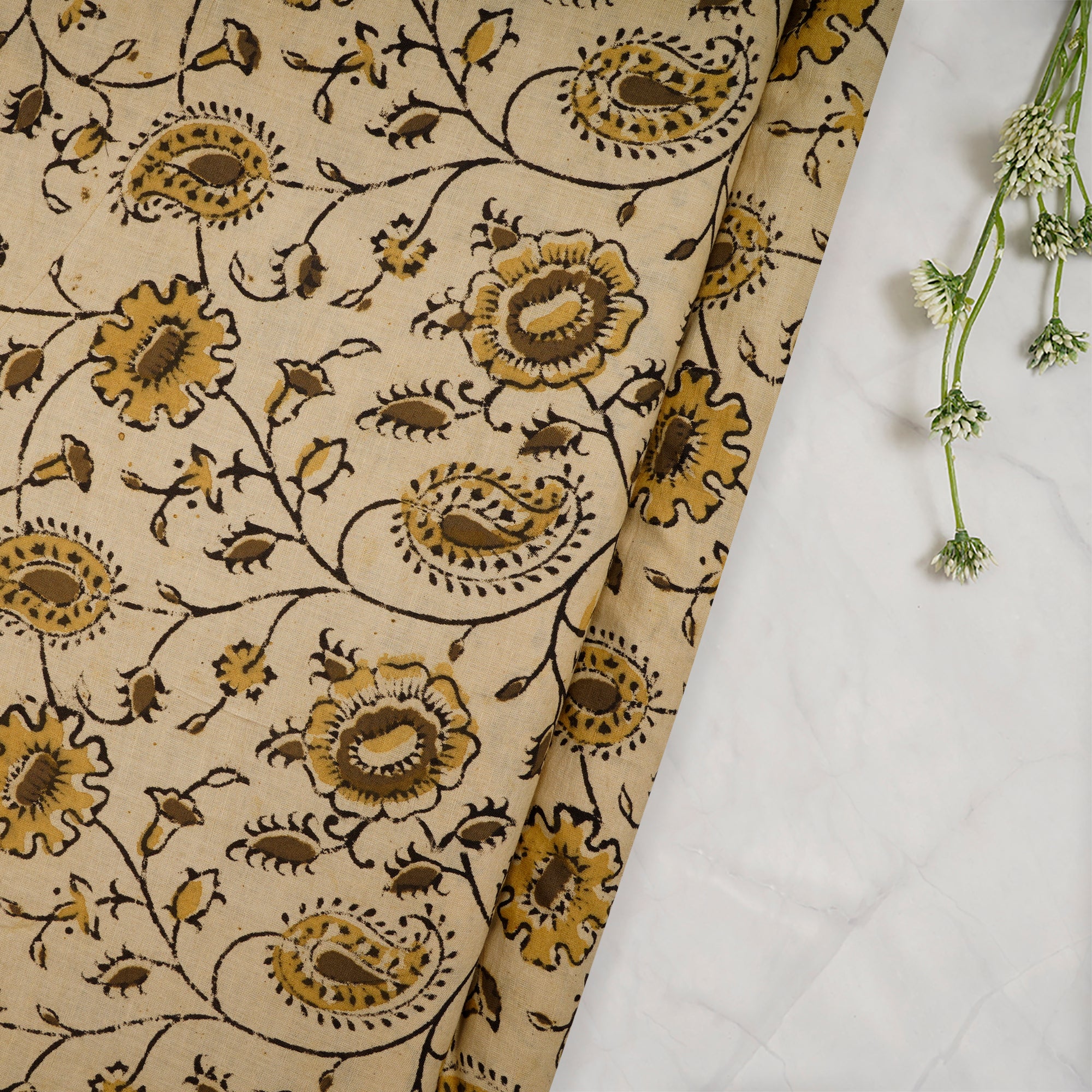 (Pre-Cut 3.40 Mtr)Cream Color Handcrafted Kalamkari Printed Pure Cotton Fabric