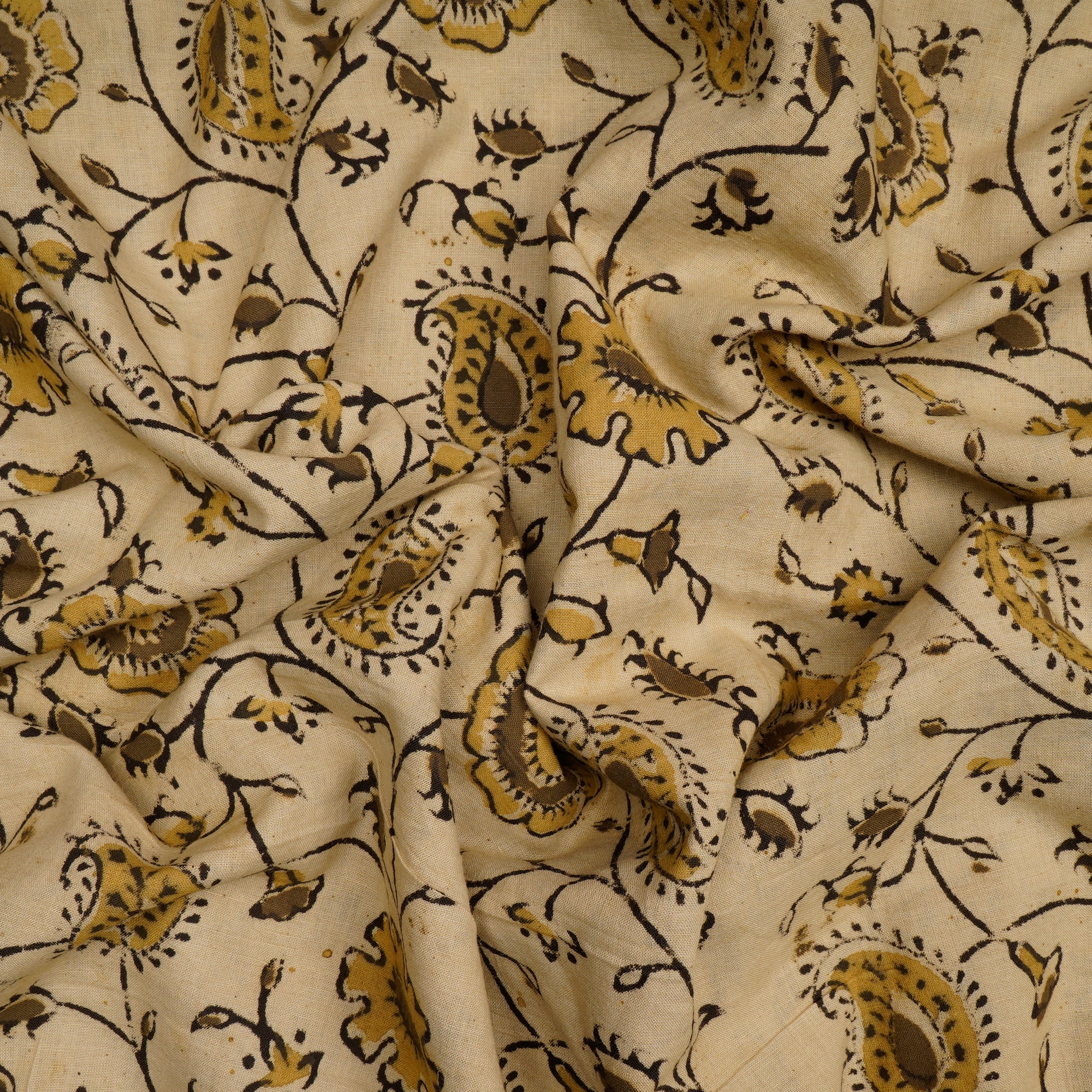 (Pre-Cut 3.40 Mtr)Cream Color Handcrafted Kalamkari Printed Pure Cotton Fabric