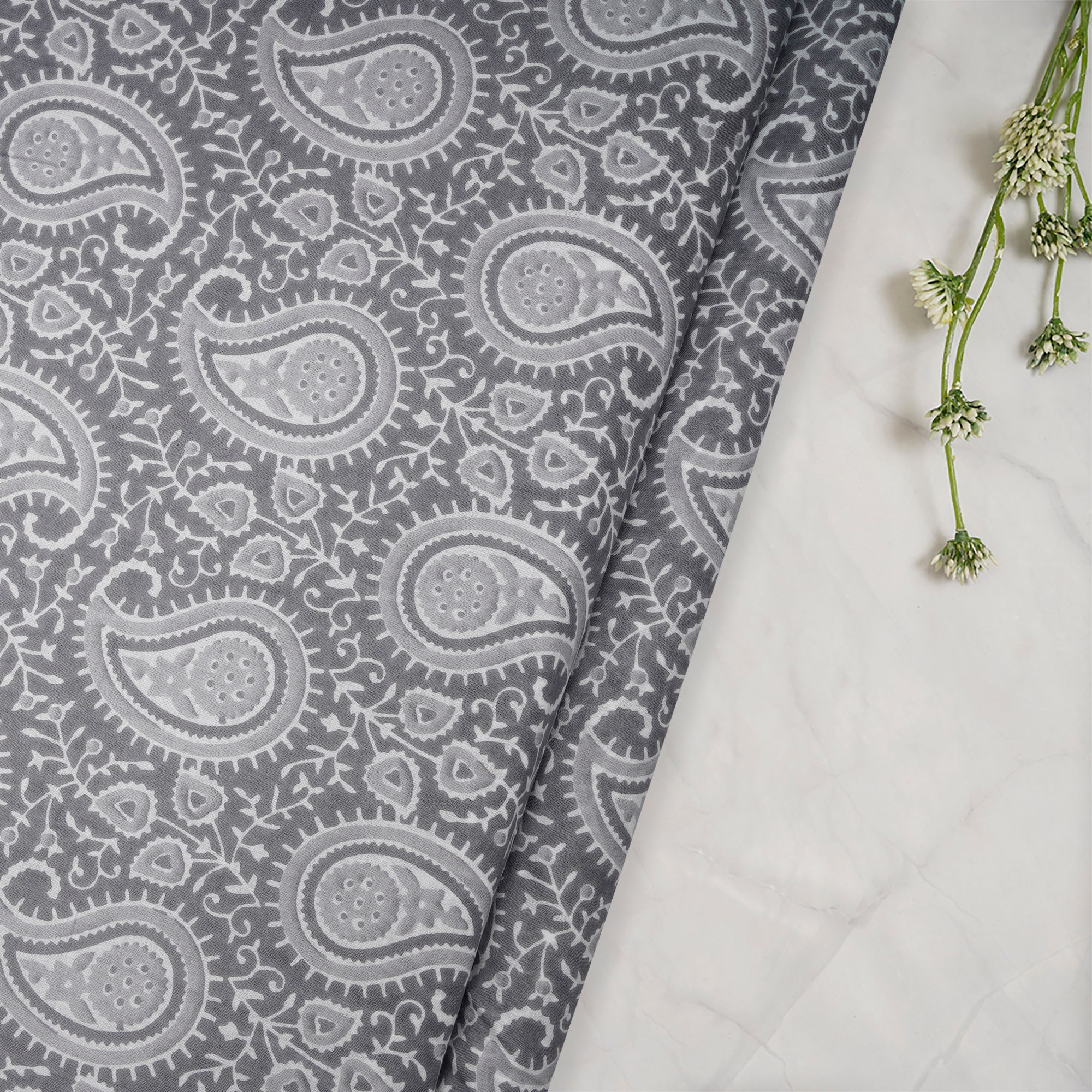 (Pre-Cut 4.85 Mtr)Grey All Over Pattern Hand Block Print Cotton Fabric