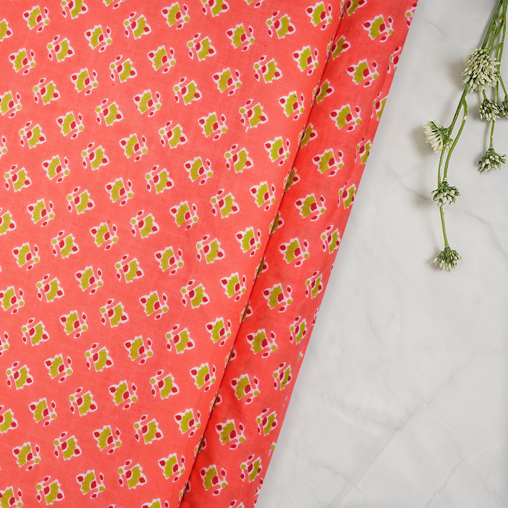 (Pre-Cut 1.00 Mtr)Peach Booti Pattern Hand Block Printed Cotton Fabric