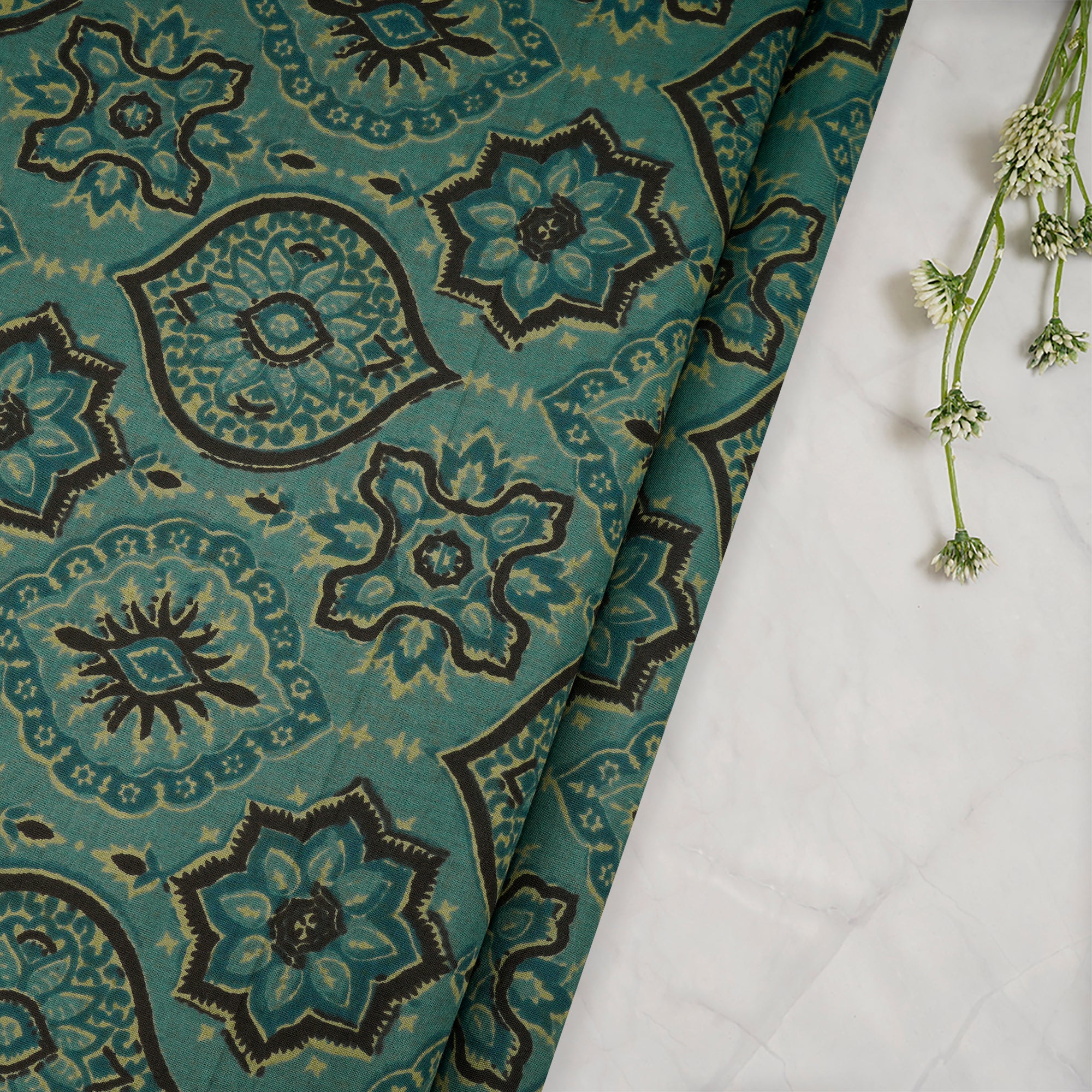(Pre-Cut 1.60 Mtr)Green Hand Block Printed Cotton Fabric