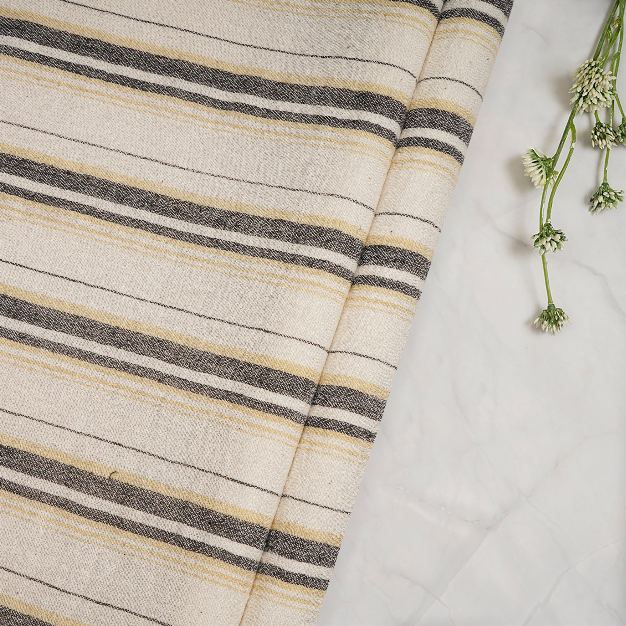 (Pre-Cut 1.10 Mtr)Off White-Black Stripe Pattern Handwoven Handspun Kala Cotton Fabric