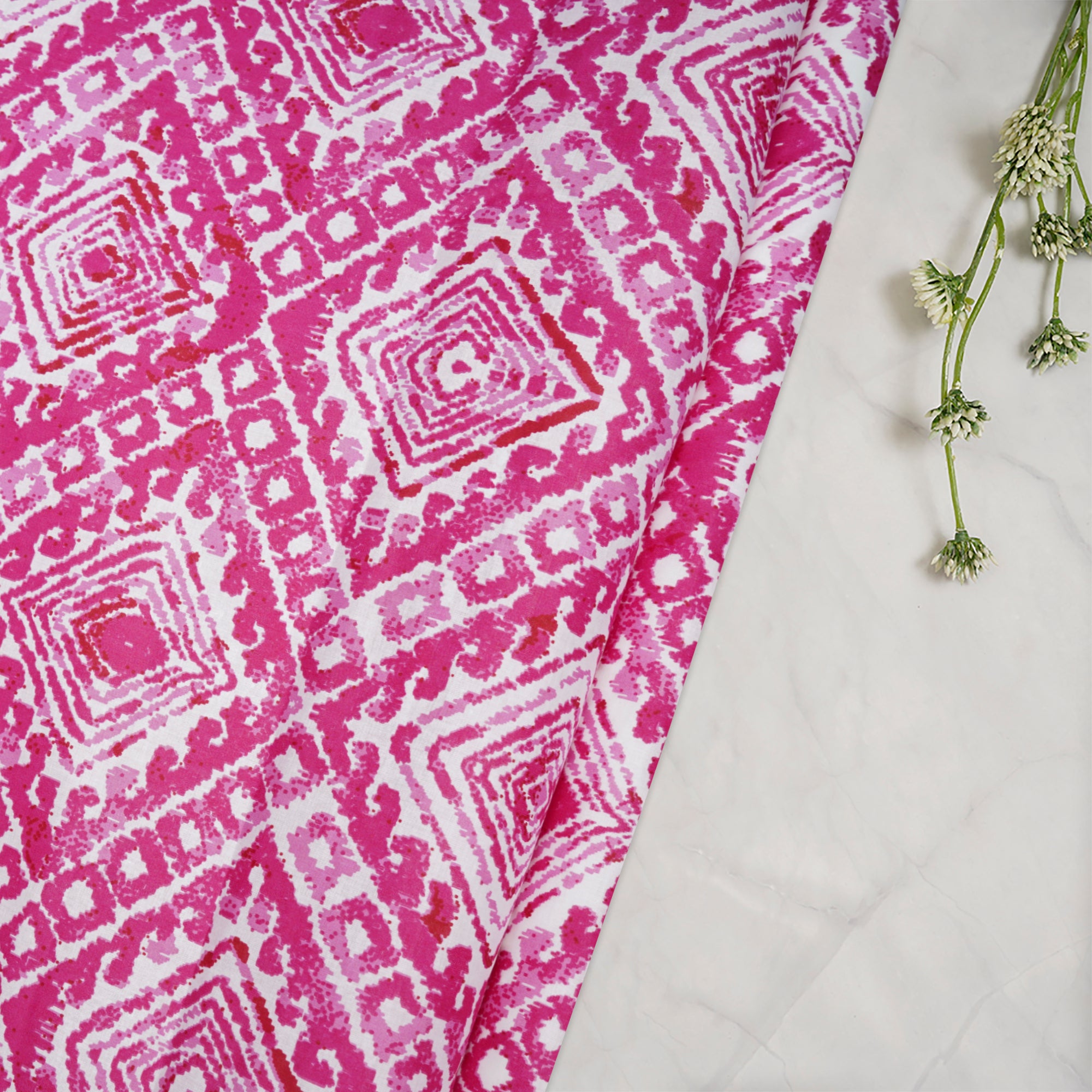 (Pre-Cut 1.10Mtr)Pink Color Printed Tussar Chanderi Fabric