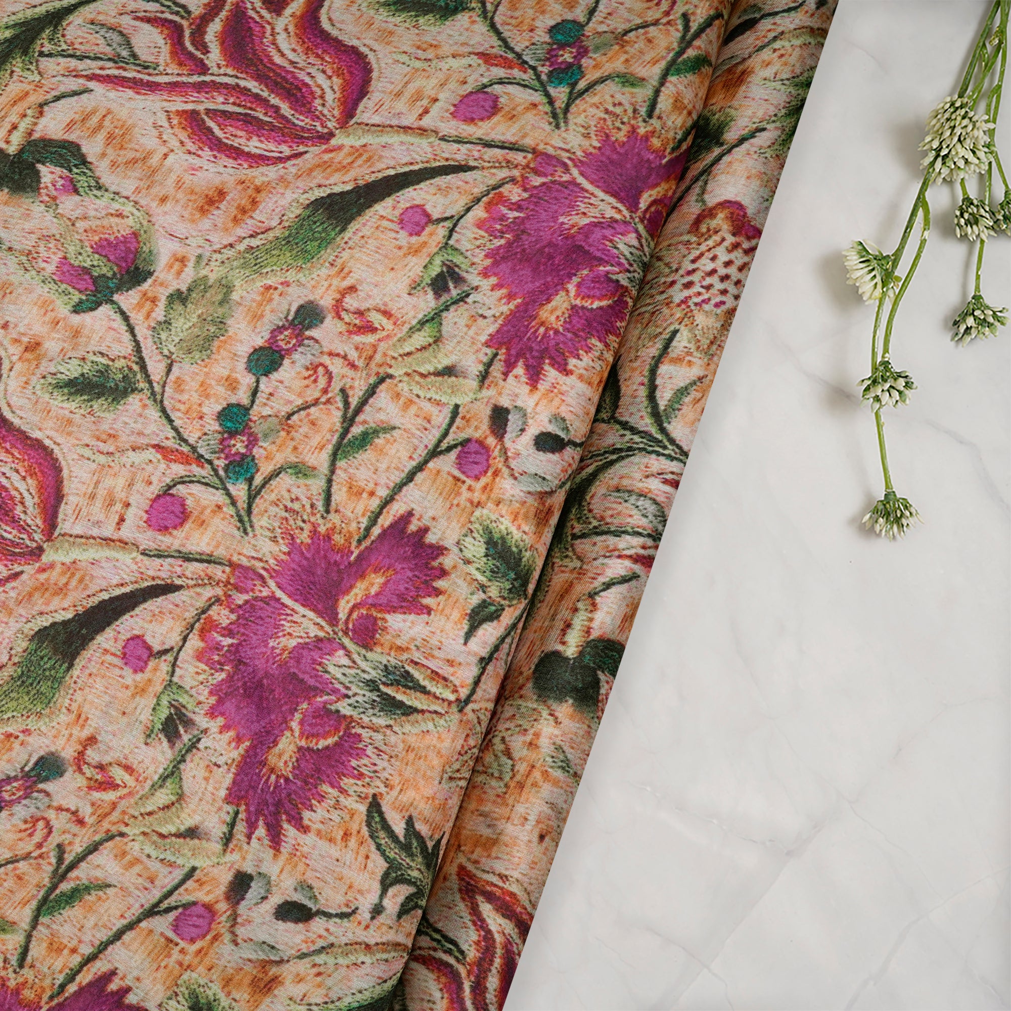 (Pre-Cut 4.40Mtr)Beige Floral Pattern Digital Print Satin Chiffon Fabricprecuts&&2062