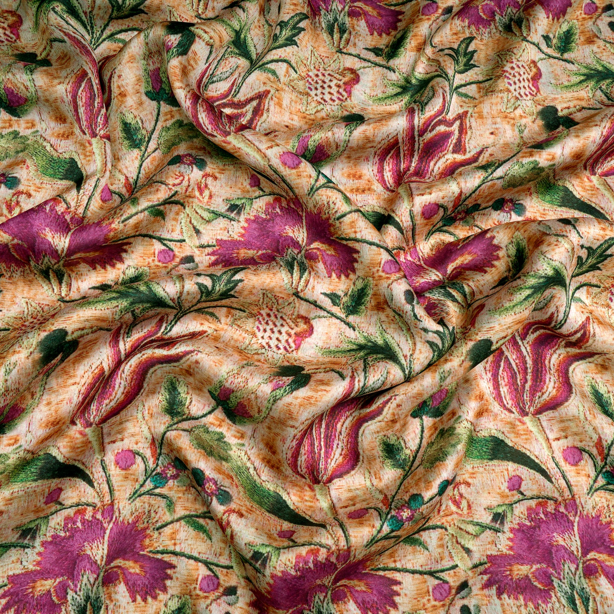 (Pre-Cut 4.40Mtr)Beige Floral Pattern Digital Print Satin Chiffon Fabricprecuts&&2062