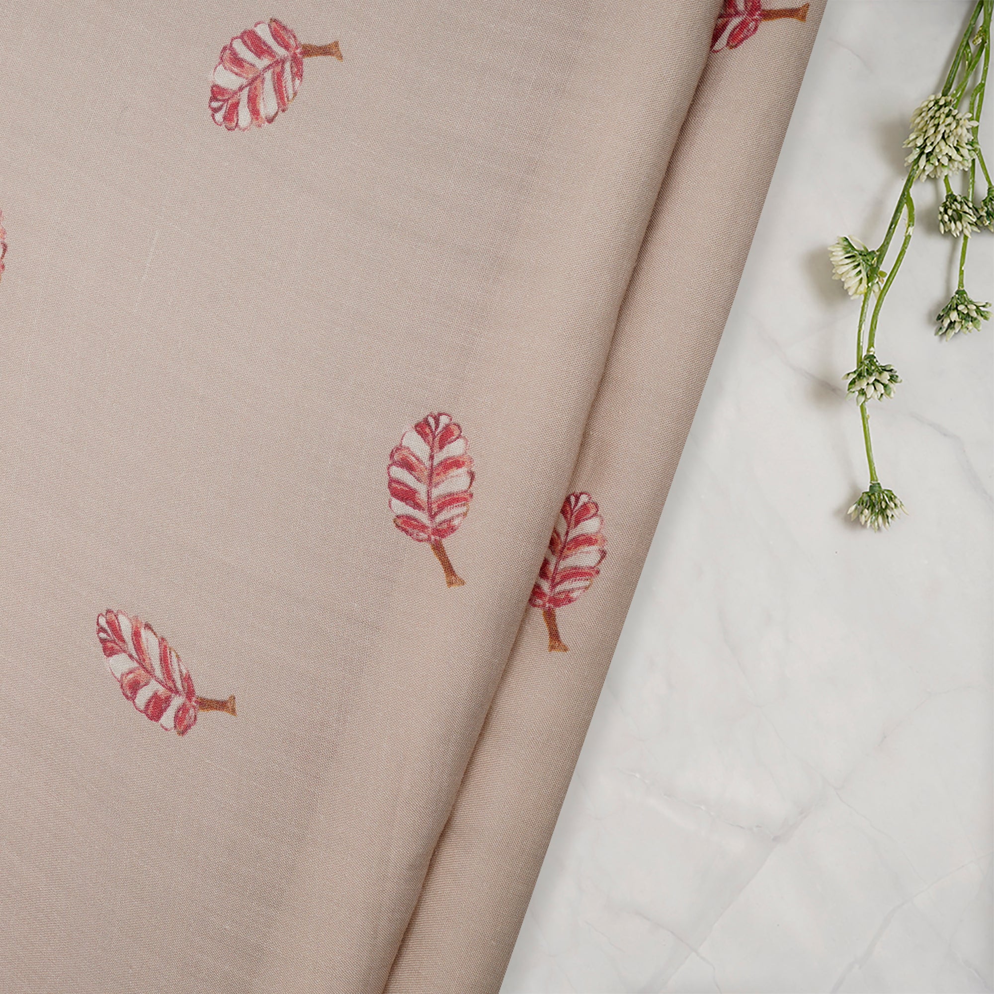 (Pre-Cut 0.70 Mtr)Beige Color Digital Printed Ramie Tencel Fabric