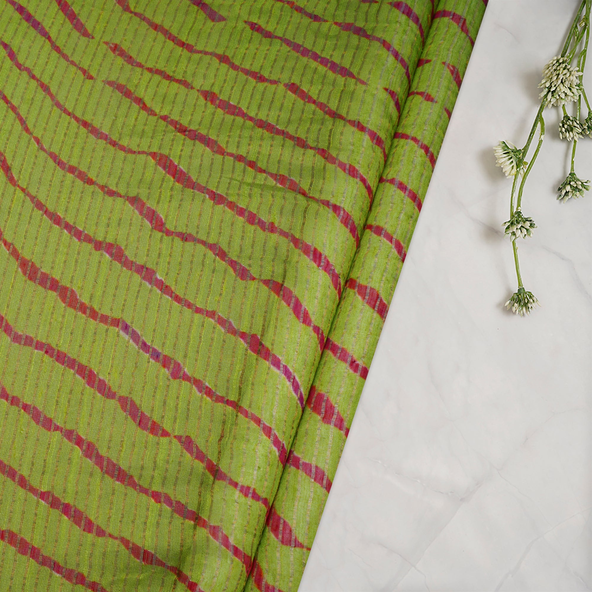 (Pre-Cut 1.00 Mtr)Parrot Green Lehariya Pattern Digital Print Fancy Chanderi Fabric