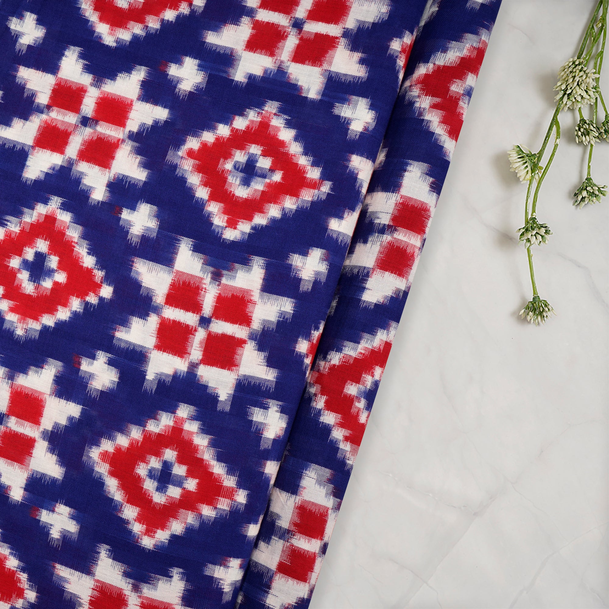(Pre-Cut 2.30 Mtr)Blue-Red Color Handwoven Telia Rumal Pure Cotton Ikat Fabric