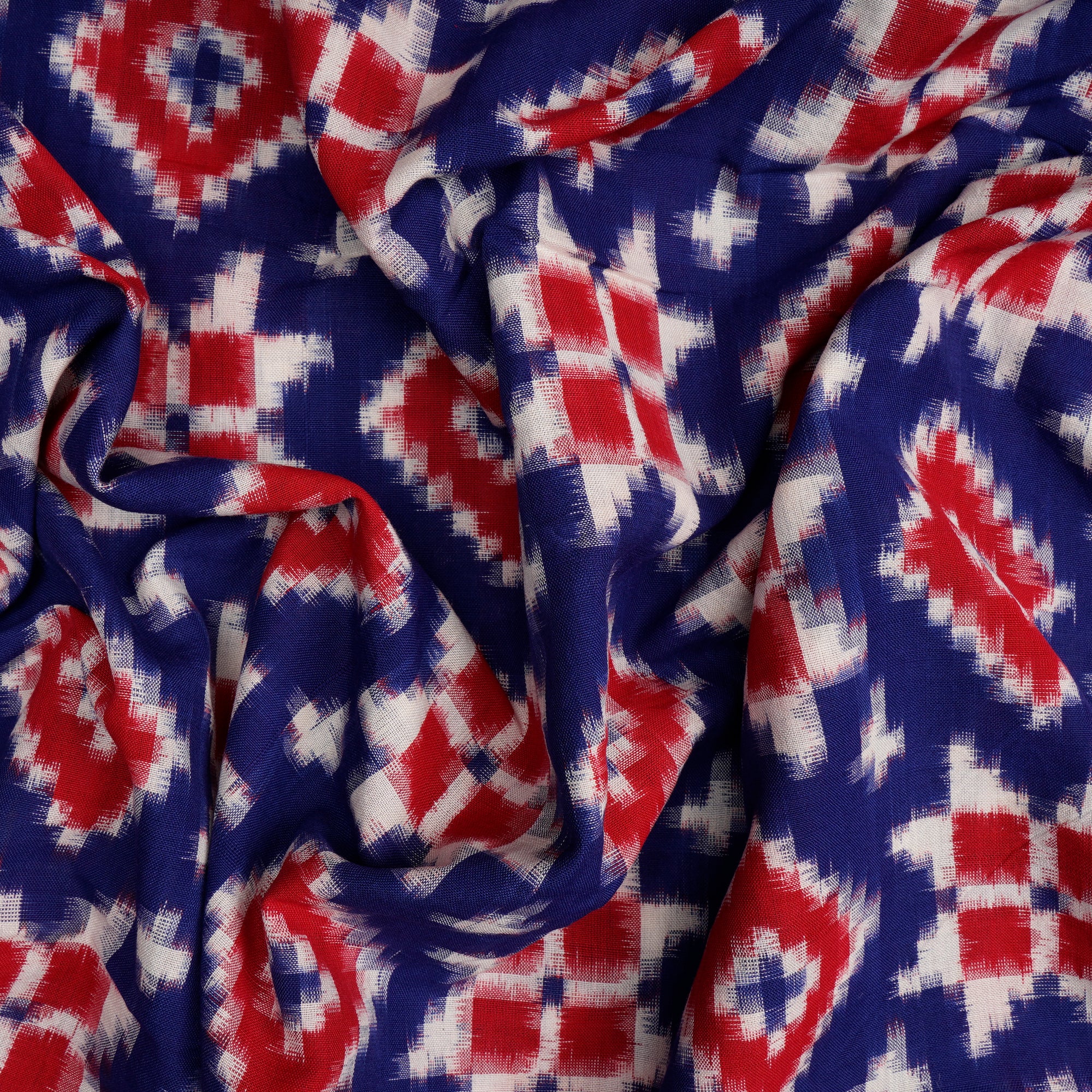 (Pre-Cut 2.30 Mtr)Blue-Red Color Handwoven Telia Rumal Pure Cotton Ikat Fabric