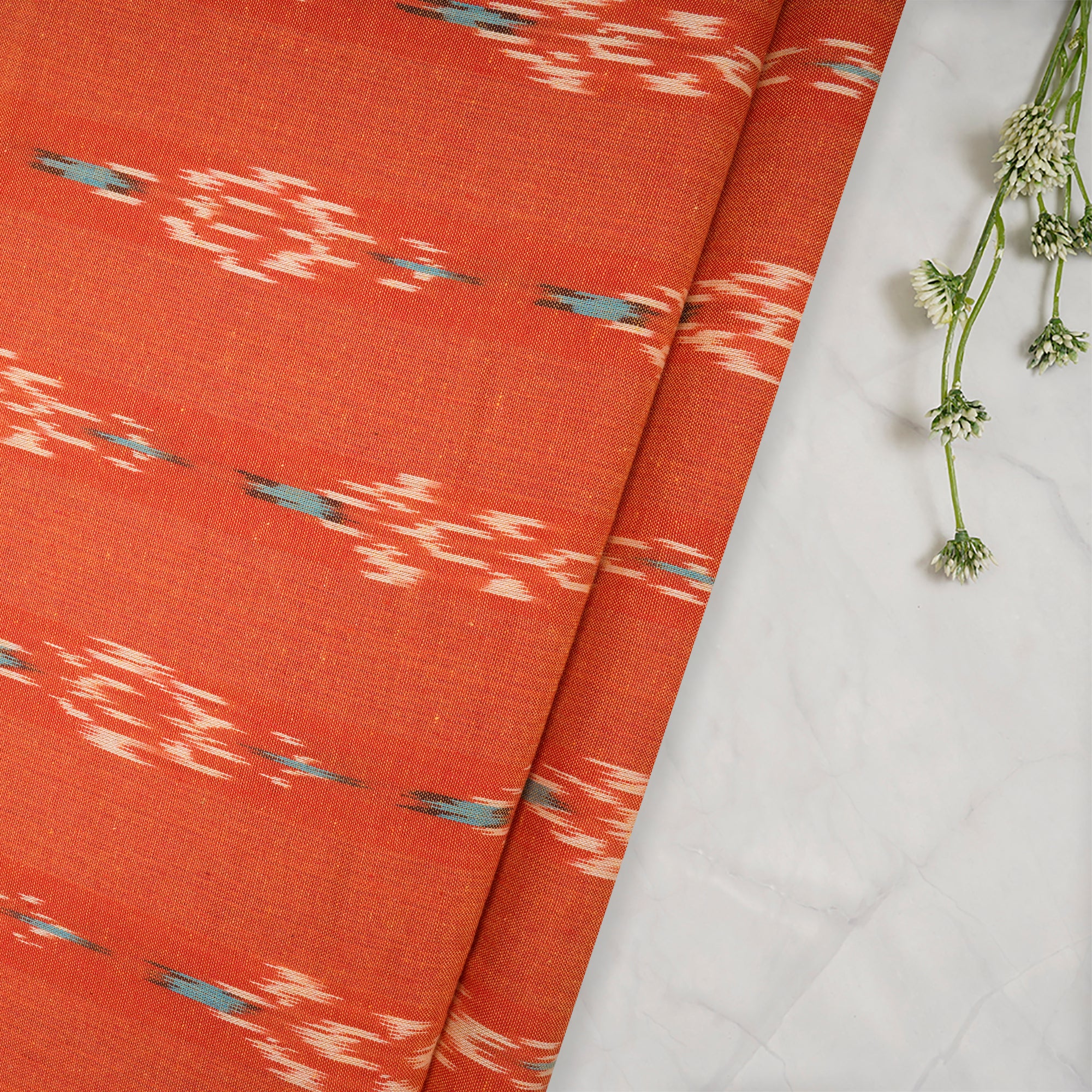 (Pre-Cut 2.10 Mtr) Orange Washed Woven Ikat Cotton Fabric