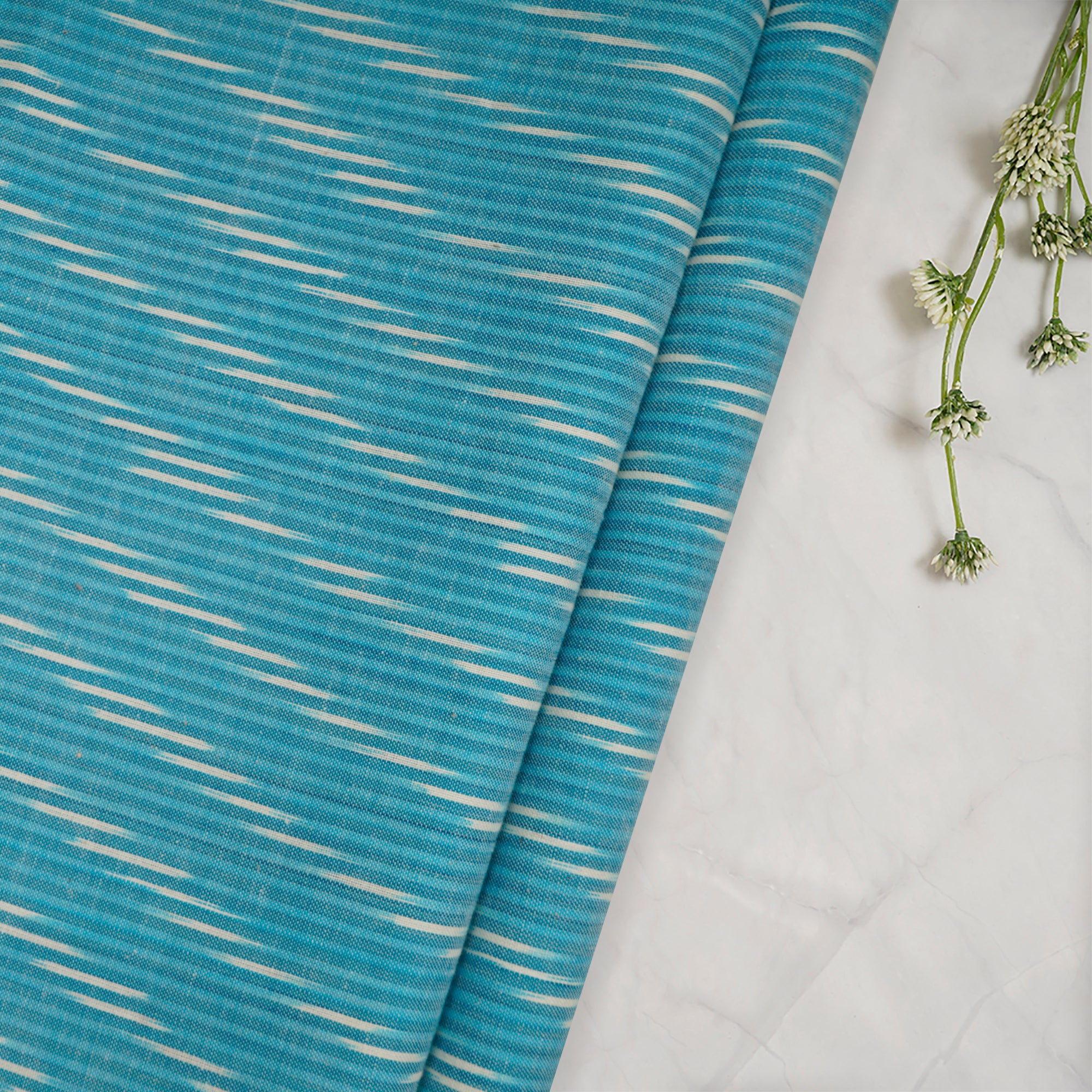 (Pre-Cut 0.60 Mtr)Light Blue Color Washed Woven Ikat Cotton Fabric