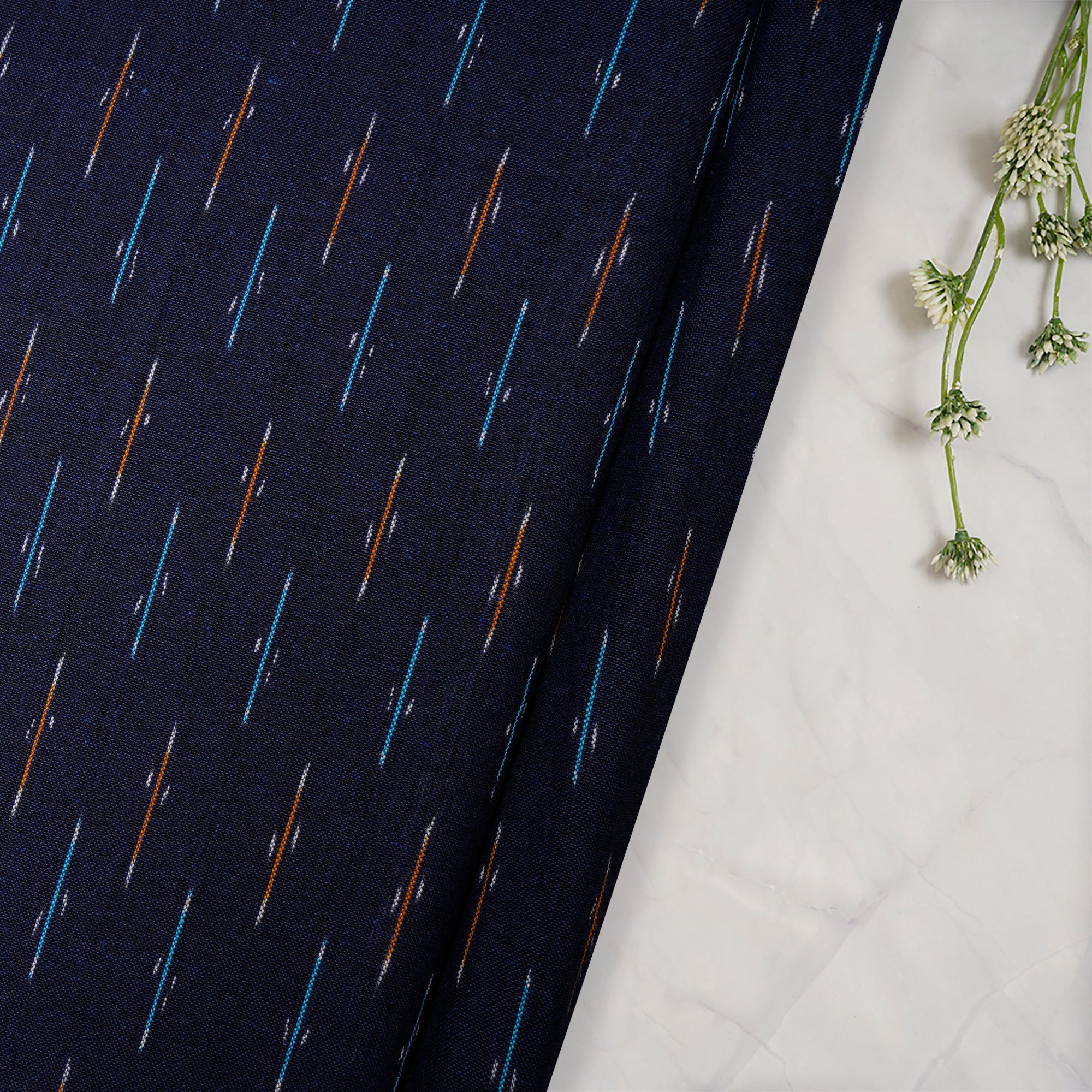 (Pre-Cut 0.60 Mtr)Dark Blue Color Washed Woven Ikat Cotton Fabric