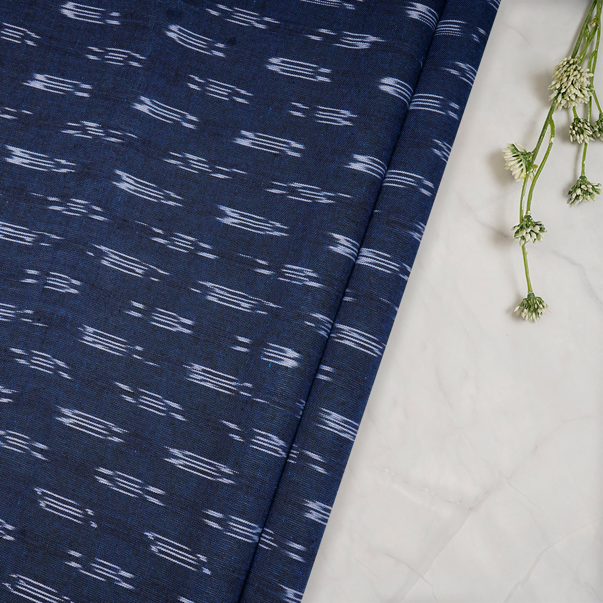 (Pre-Cut 1.00 Mtr)Navy Blue Washed Woven Ikat Cotton Fabric