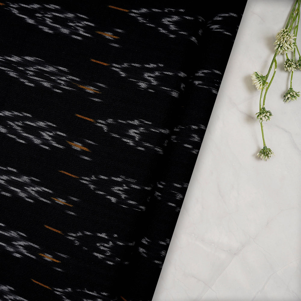 (Pre-Cut 1.50 Mtr)Black Color Washed Woven Ikat Cotton Fabric