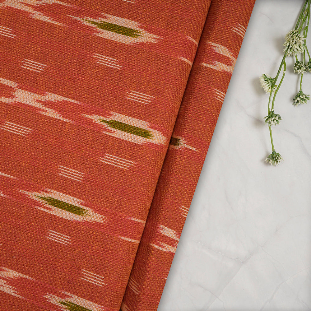 (Pre-Cut 2.30 Mtr)Orange Washed Woven Ikat Cotton Fabric