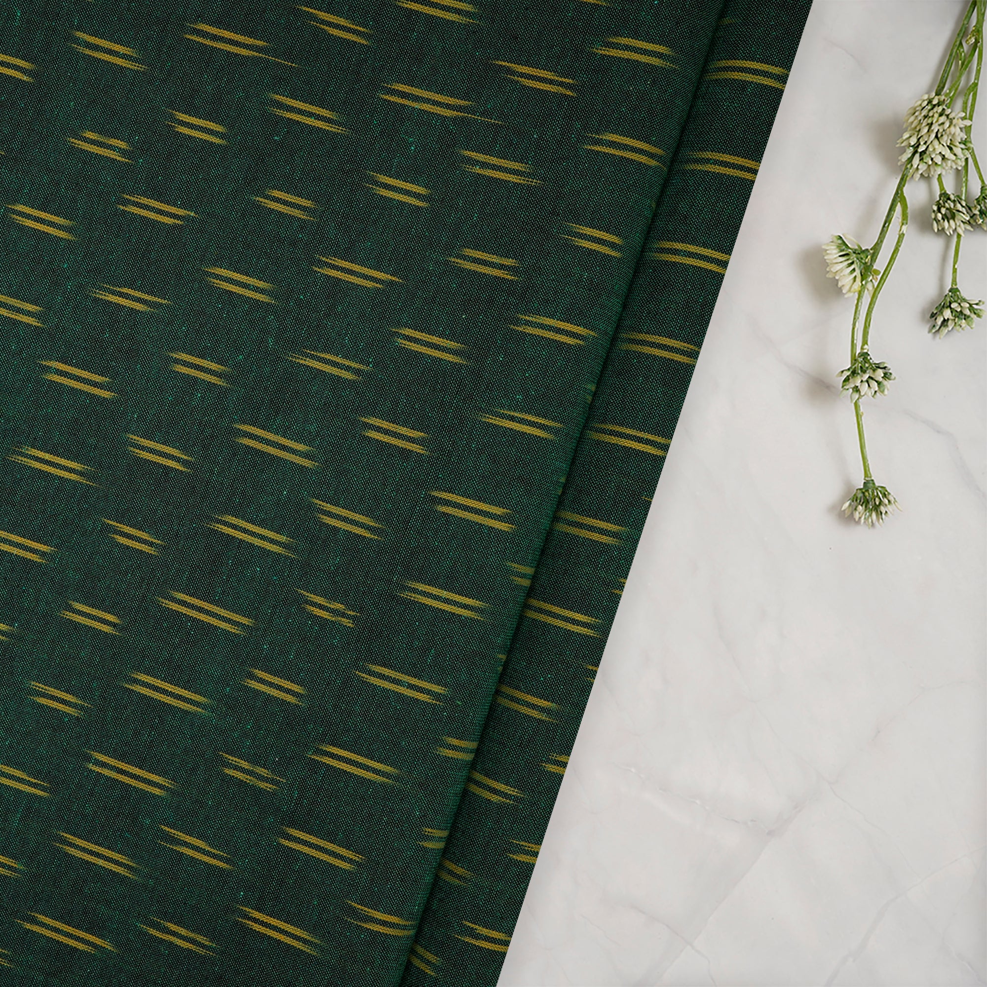 (Pre-Cut 3.90 Mtr)Dark Green Mercerized Washed Woven Ikat Cotton Fabric