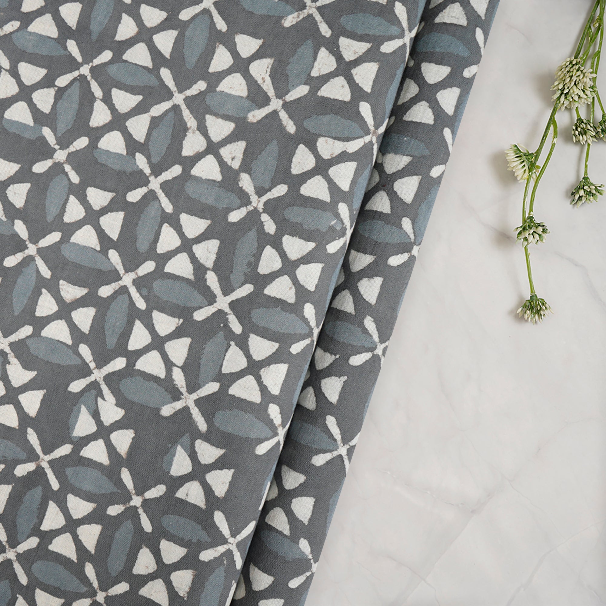 (Pre-Cut 1.50 Mtr) Grey Hand Block Natural Dye Bagru Dabu Printed Cotton Fabric