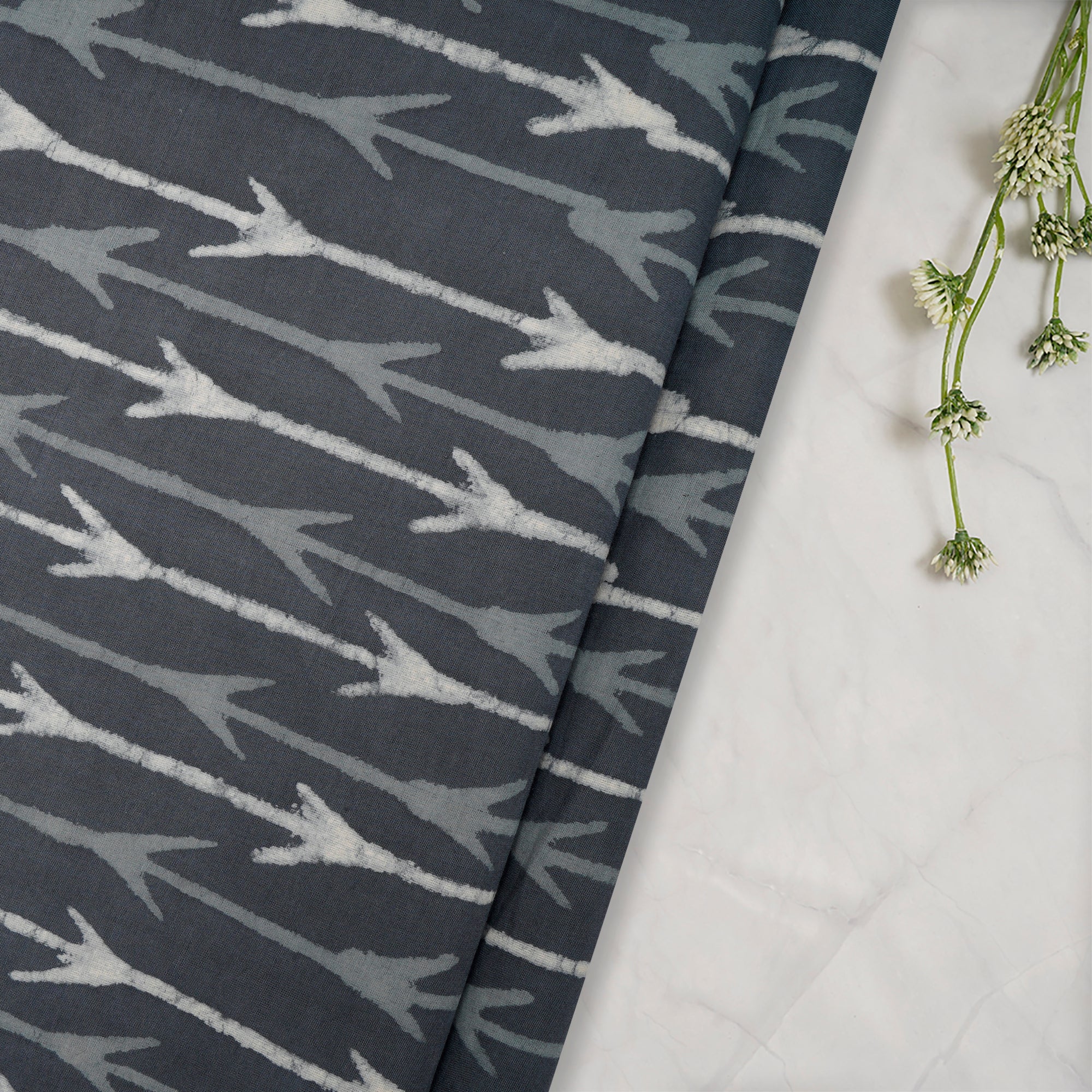 (Pre-Cut 1.70 Mtr)Grey Color Hand Block Natural Dye Bagru Dabu Printed Cotton Fabric