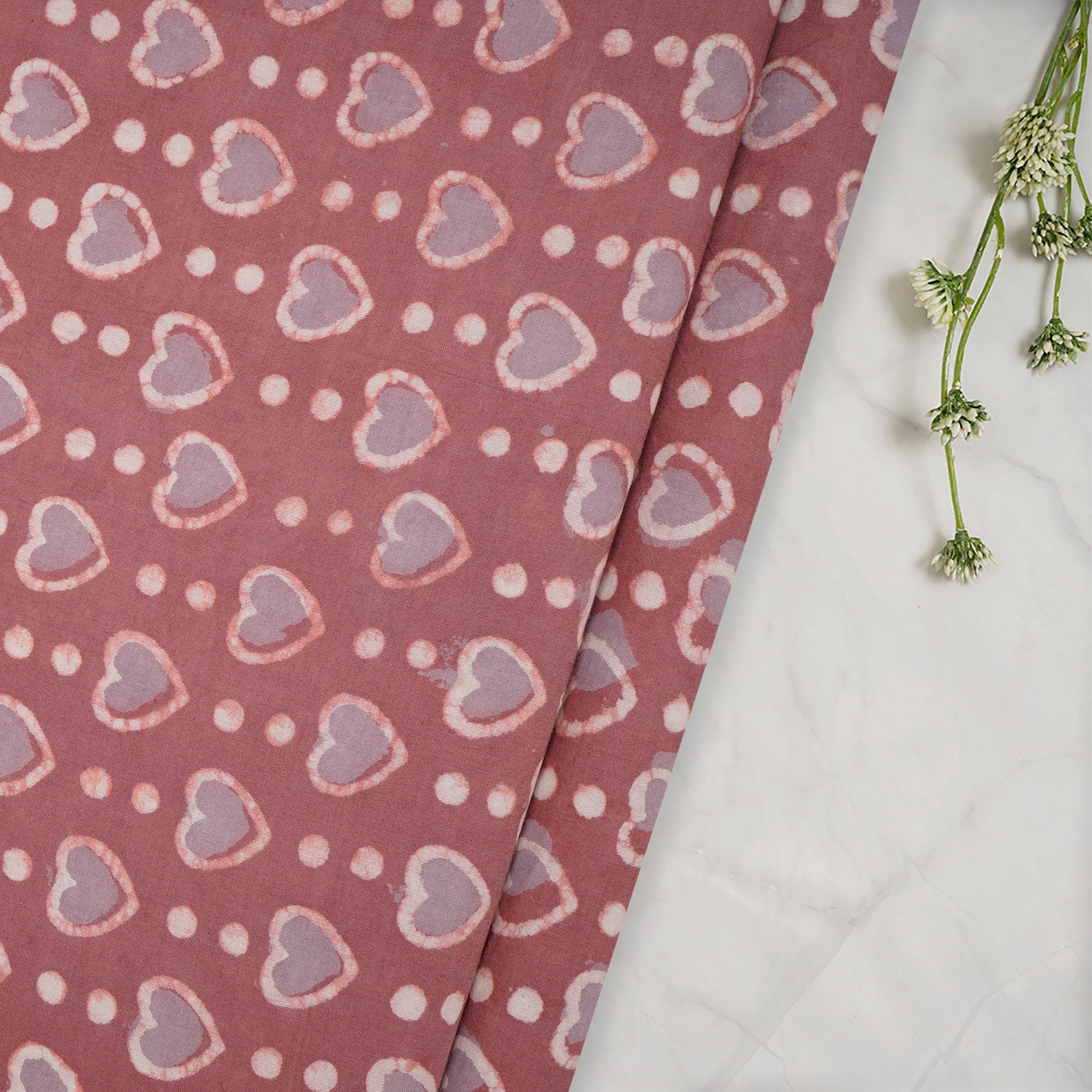 (Pre-Cut 2.20 Mtr)Light Coral Hand Block Natural Dye Bagru Dabu Printed Cotton Fabric