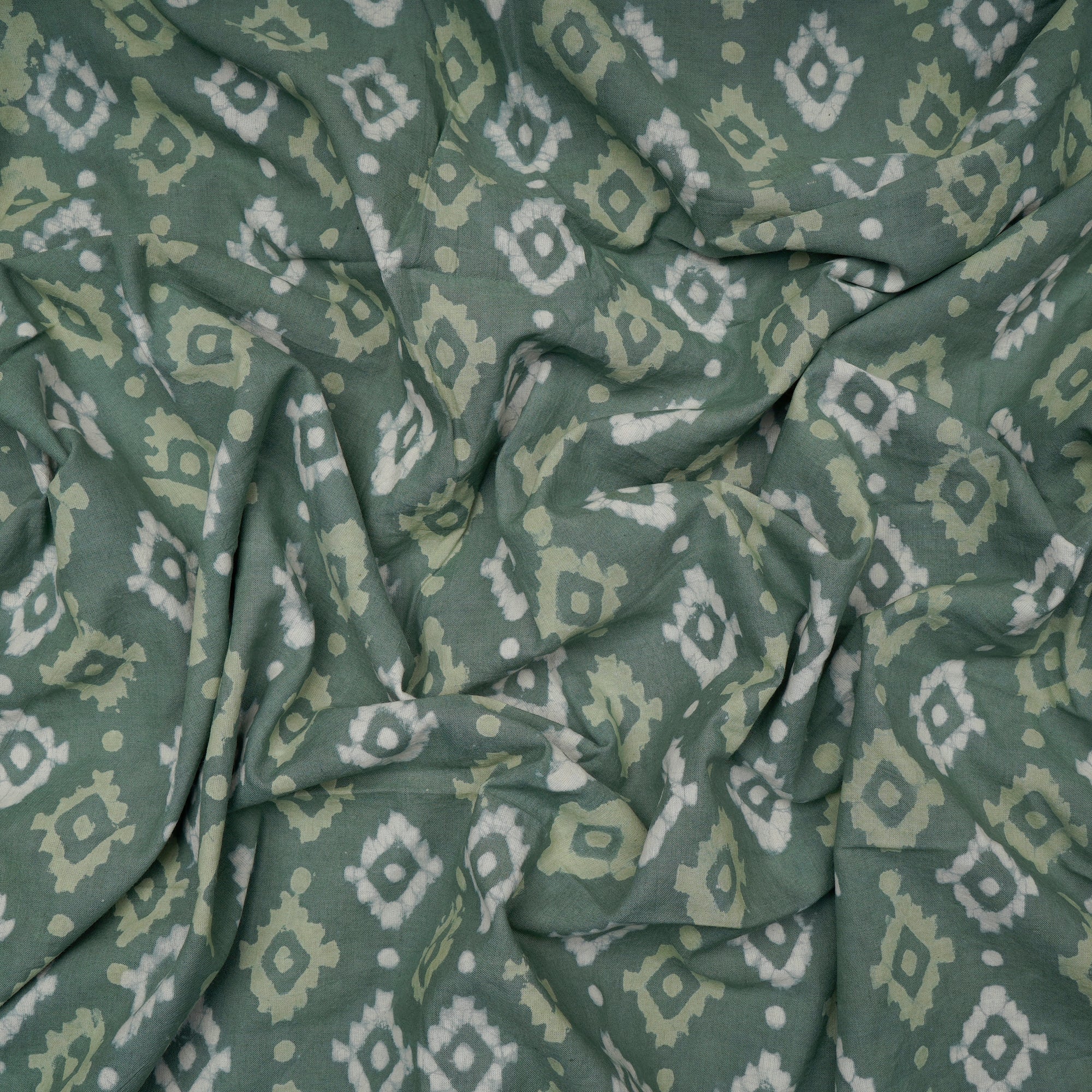 (Pre-Cut 2.20 Mtr)Green Hand Block Natural Dye Bagru Dabu Printed Cotton Fabric