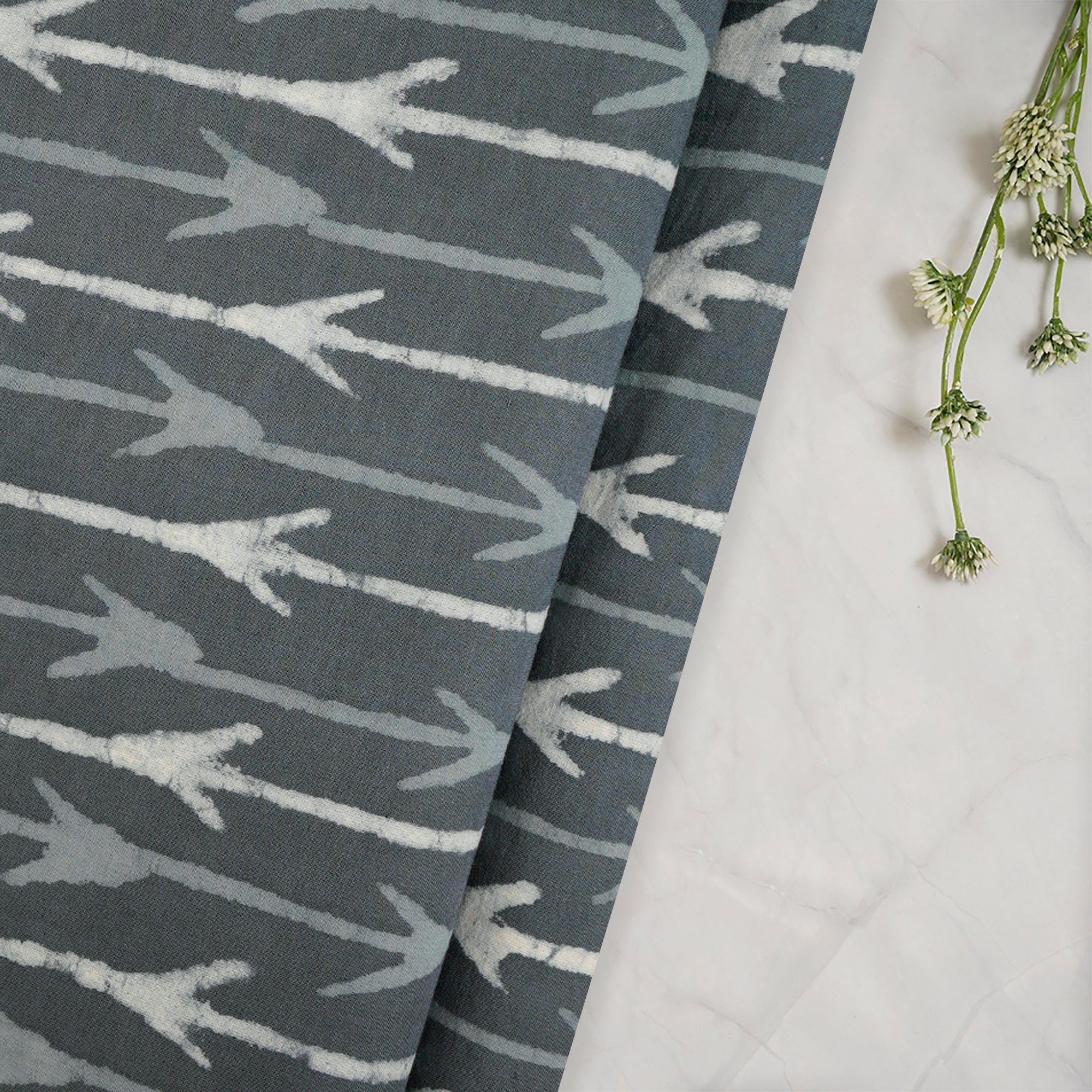(Pre-Cut 2.40 Mtr)Dark Grey Hand Block Natural Dye Bagru Dabu Printed Cotton Fabric