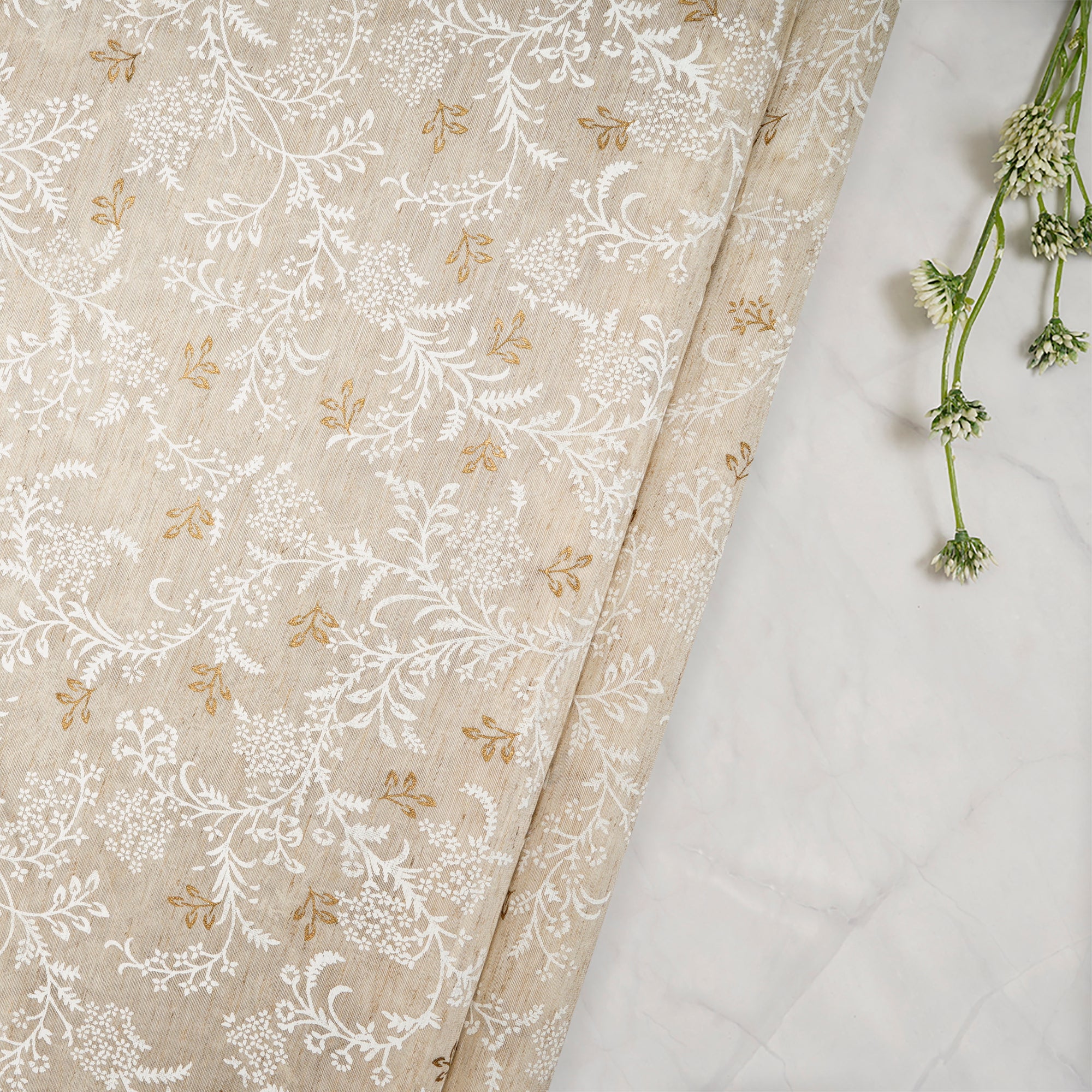 (Pre-Cut 1.60 Mtr)Bone Color Printed Poly Tussar Linen Fabric