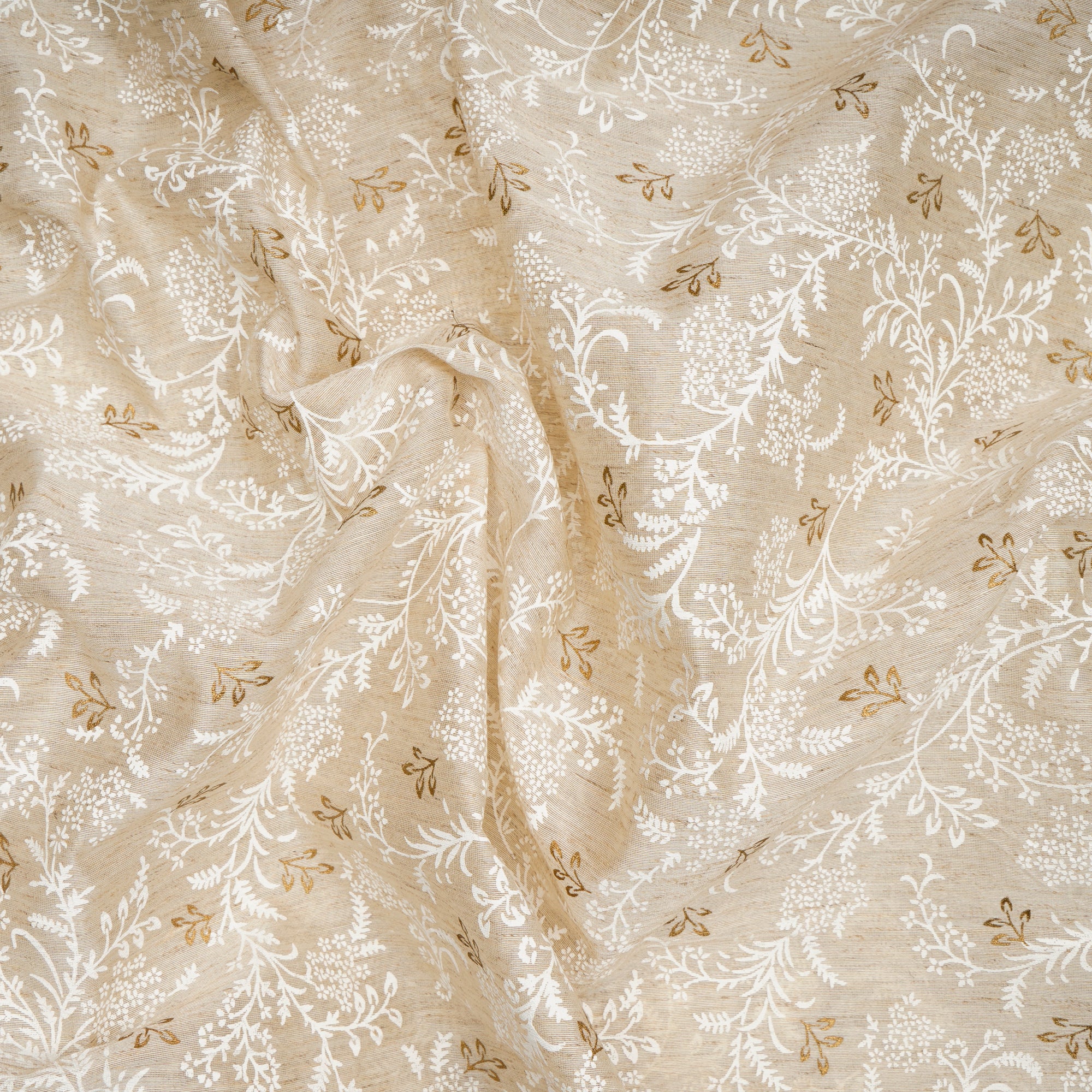 (Pre-Cut 1.60 Mtr)Bone Color Printed Poly Tussar Linen Fabric